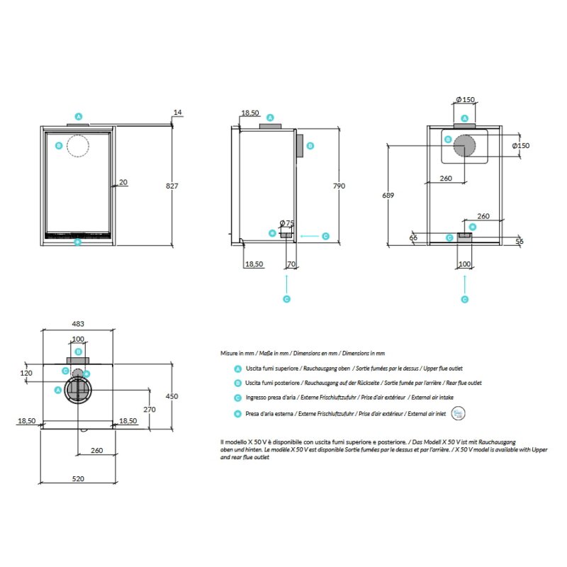 Kamineinsatz Rizzoli - Serie X 50 V - 7,7 kW - Schwarz lackiert