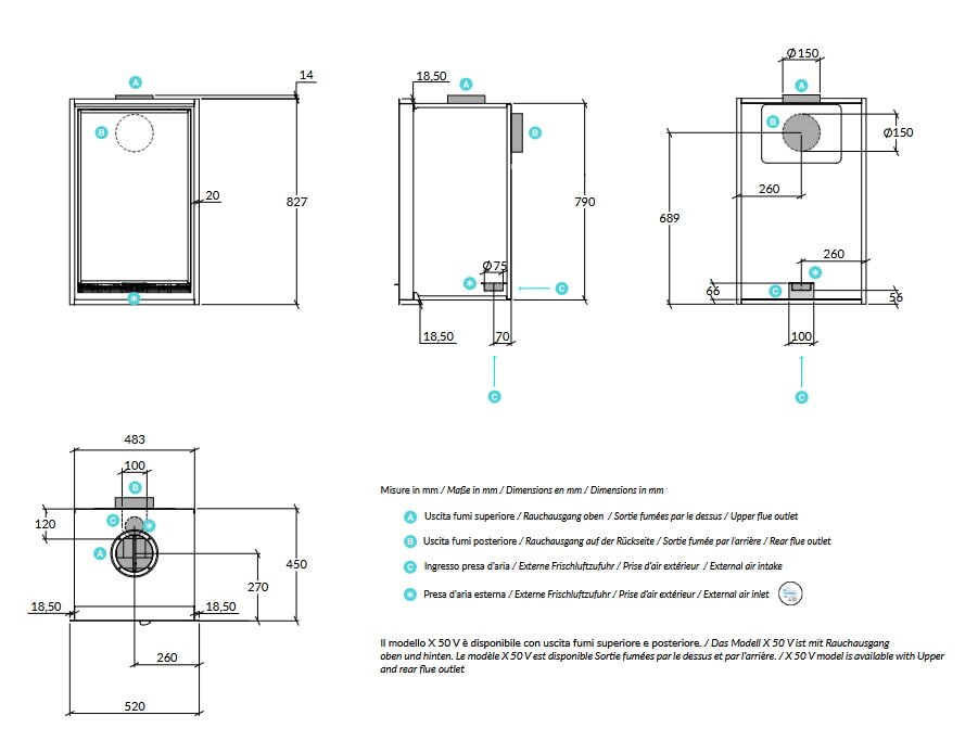 Kamineinsatz Rizzoli - Serie X 50 V - 7,7 kW - Schwarz lackiert
