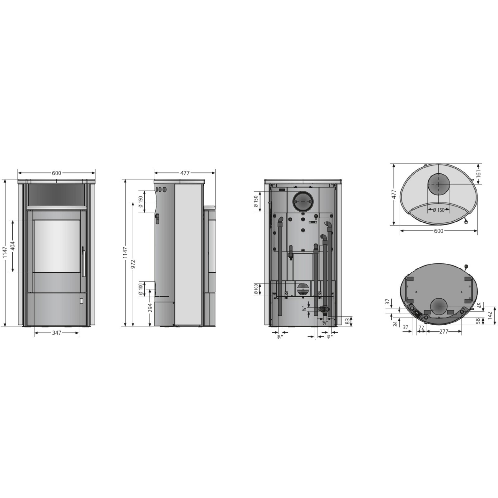 Kaminofen wassergeführt Oranier Pori Aqua - 10 kW - Stahl Schwarz - Verkleidung Stahl Schwarz