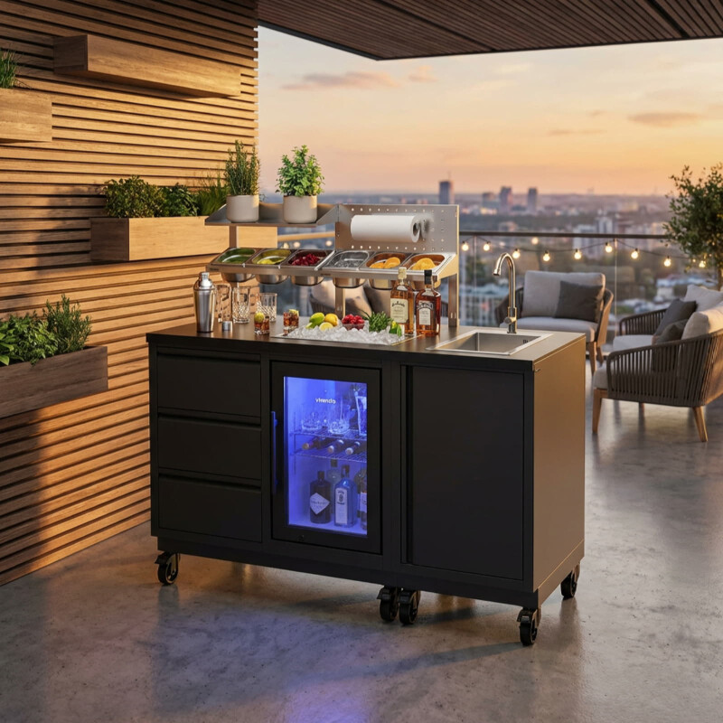 Vivandio quub Cocktailstation mit Kühlschrank und Spüle, Schwarz