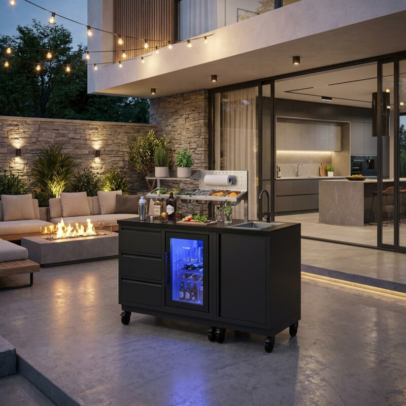 Vivandio quub Cocktailstation mit Kühlschrank und Spüle, Schwarz