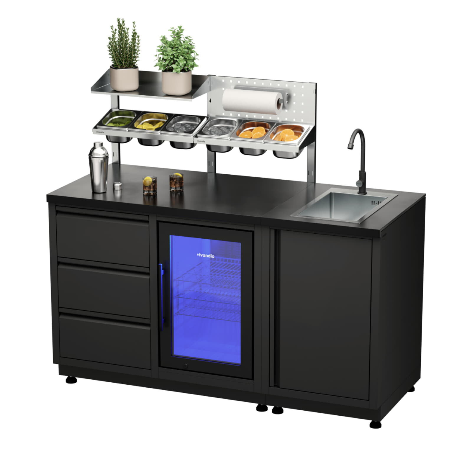 Vivandio quub Cocktailstation mit Kühlschrank und Spüle, Schwarz