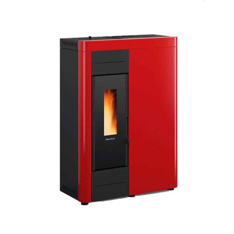 Moderner Pelletofen wasserführend La Nordica Extraflame Virna Idro - 14 kW in schwarz-weiß Optik vor einem weißen Hintergrund