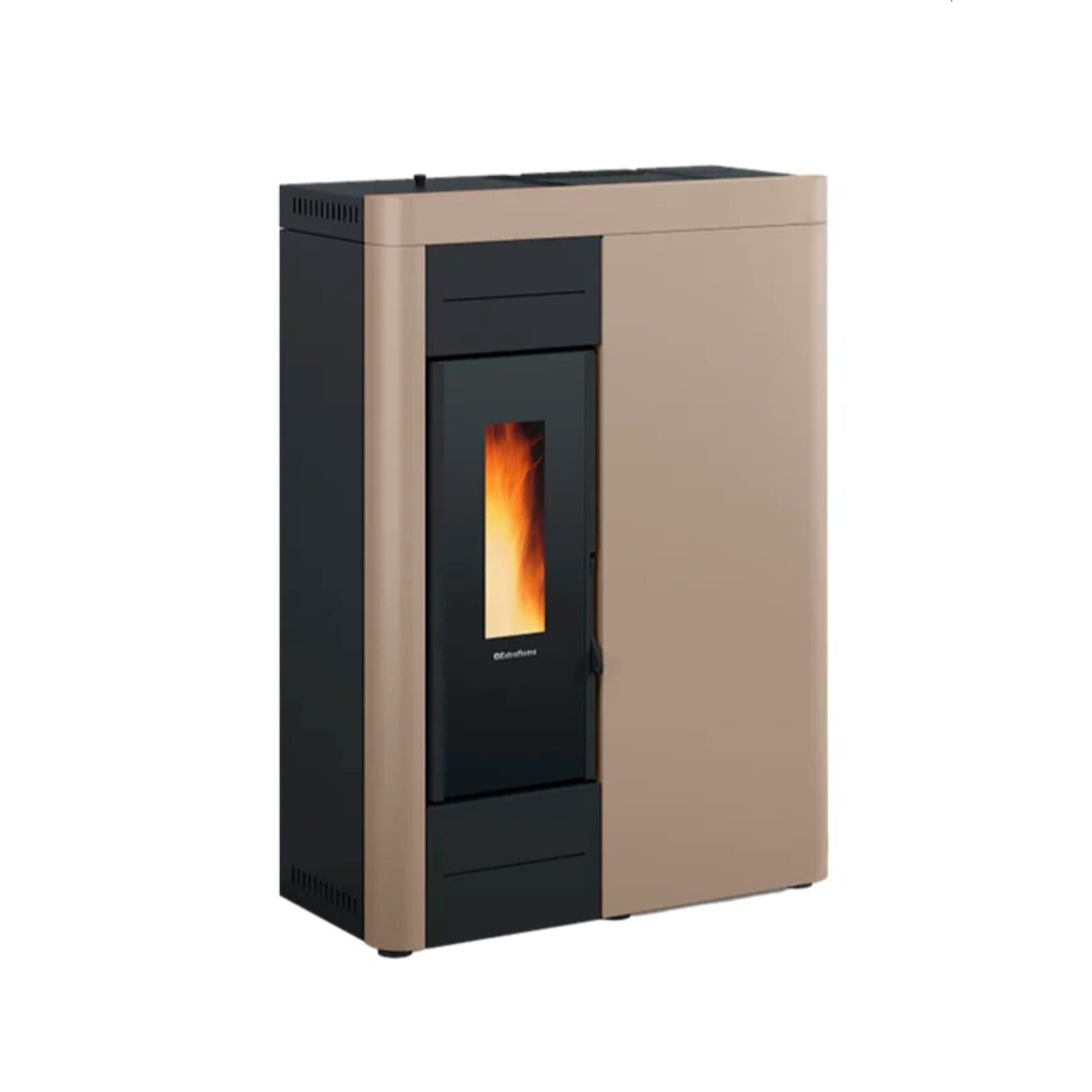 Moderner Pelletofen wasserführend La Nordica Extraflame Virna Idro - 14 kW in edler schwarz-weiß Optik neben der Couch mit Gemälde im Wohnzimmer positioniert