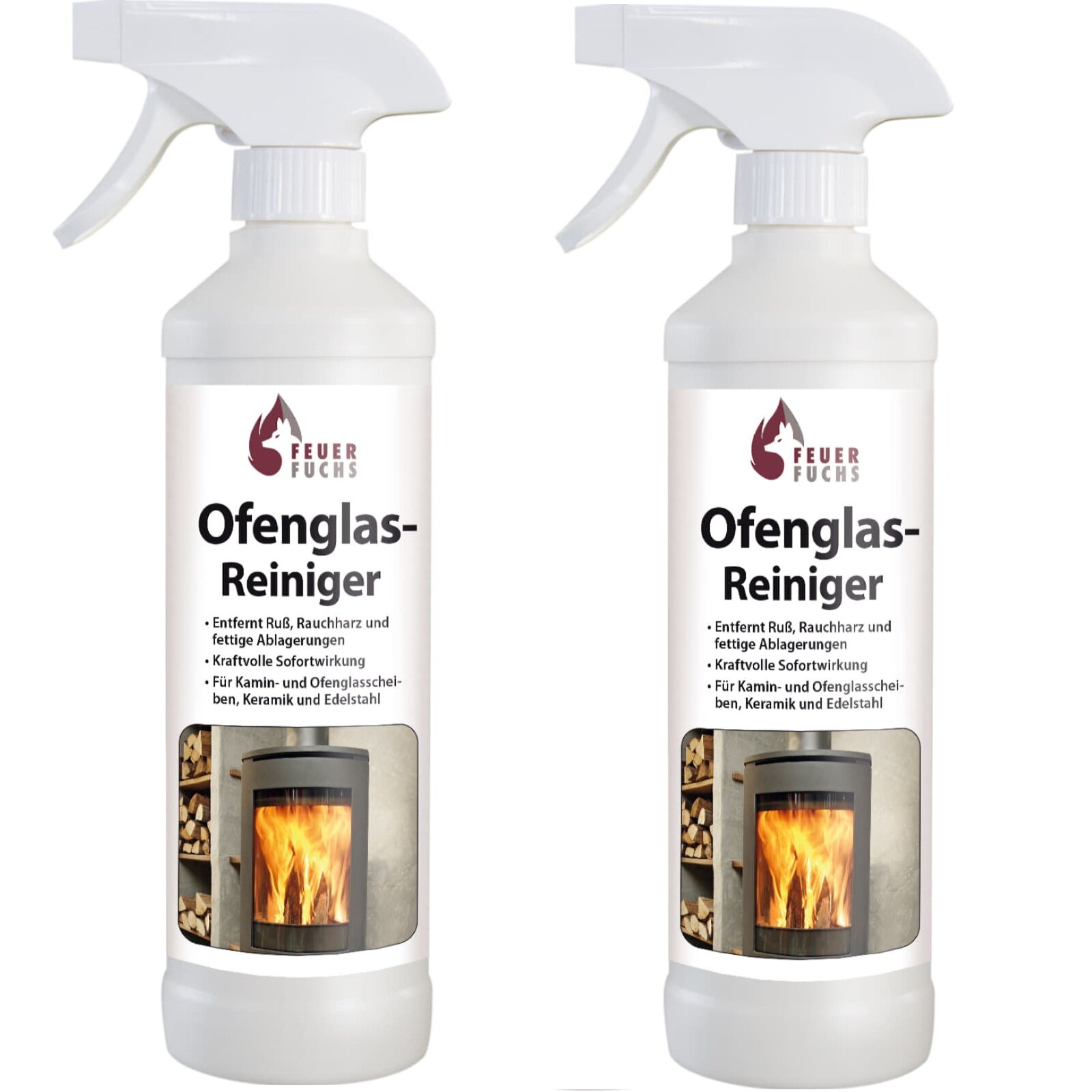 2x Ofenglas-Reiniger, Sprühflasche 500ml - Vorteilspack- Feuer-Fuchs