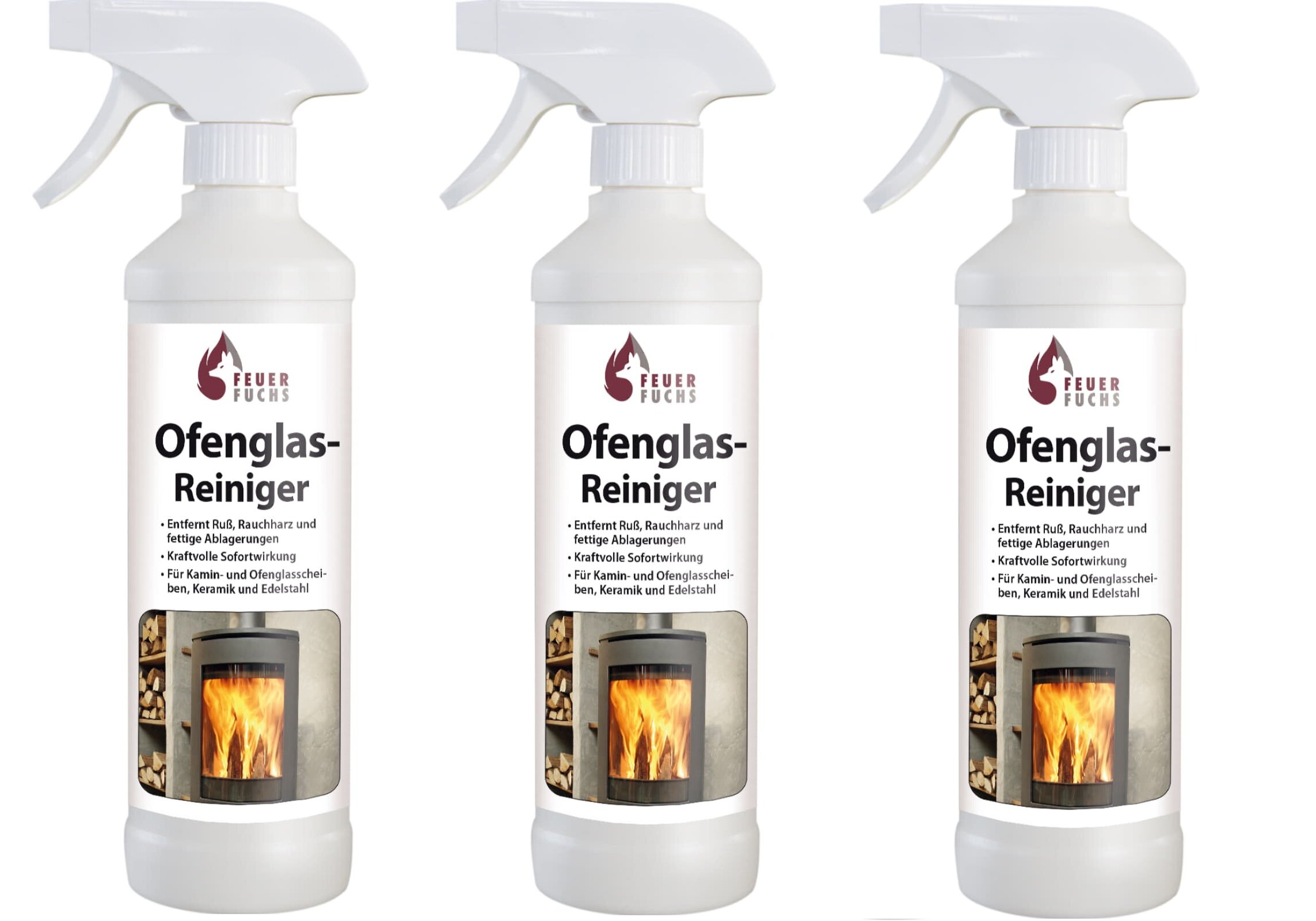 3x Ofenglas-Reiniger, Sprühflasche 500ml - Vorteilspack- Feuer-Fuchs