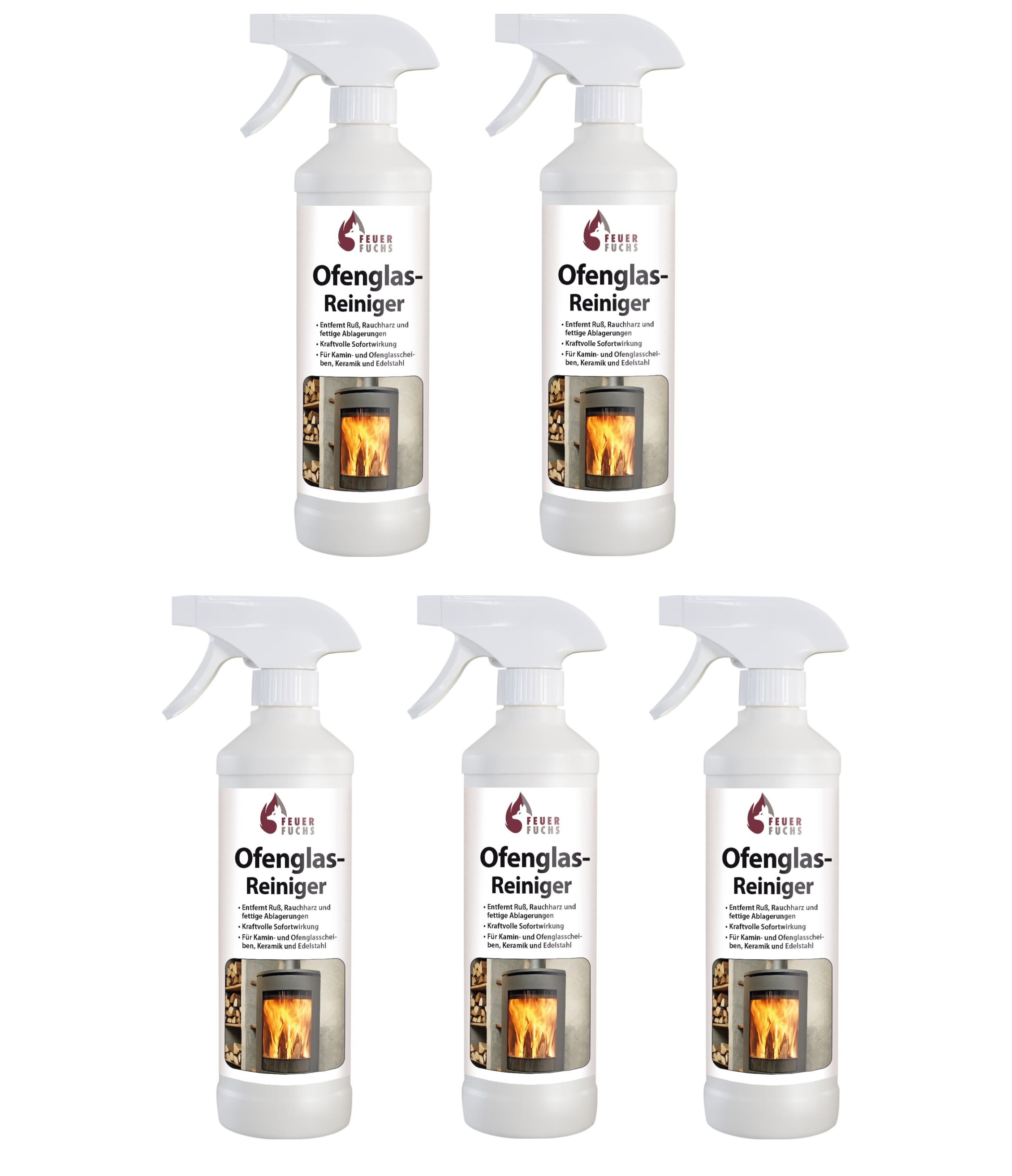 5x Ofenglas-Reiniger, Sprühflasche 500ml - Vorteilspack- Feuer-Fuchs
