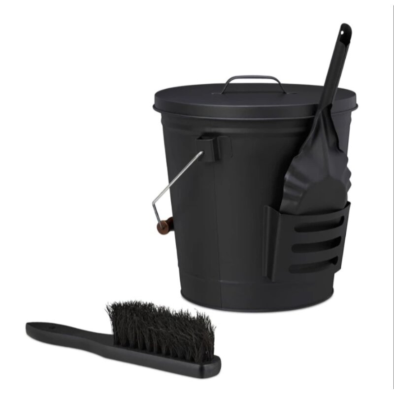 Valo Ascheeimer Set mit Schaufel und Besen, 15 Liter, Schwarz