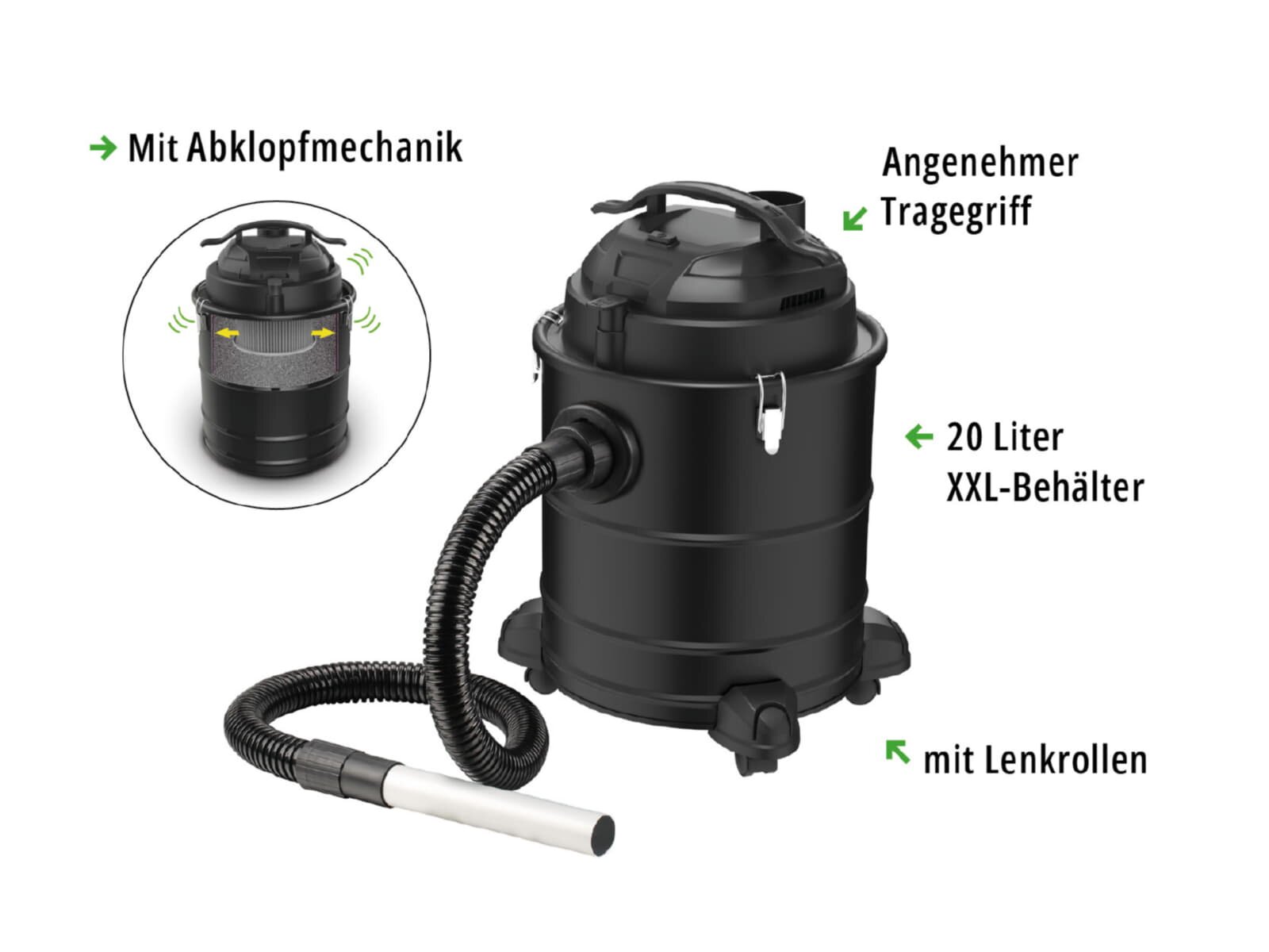 Valo Aschesauger Premium 1.800W, 20Liter, mit Abklopfmechanik, Schwarz