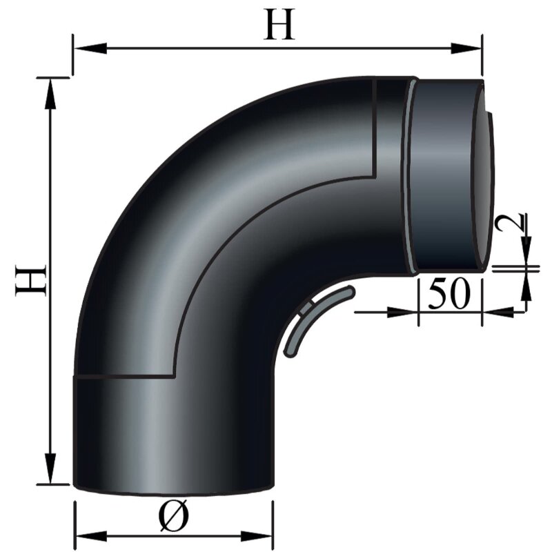 Rauchrohrbogen 90° glatt gezogen Ø130 x 2 mm mit Reinigungsöffnung, Farbe schwarz