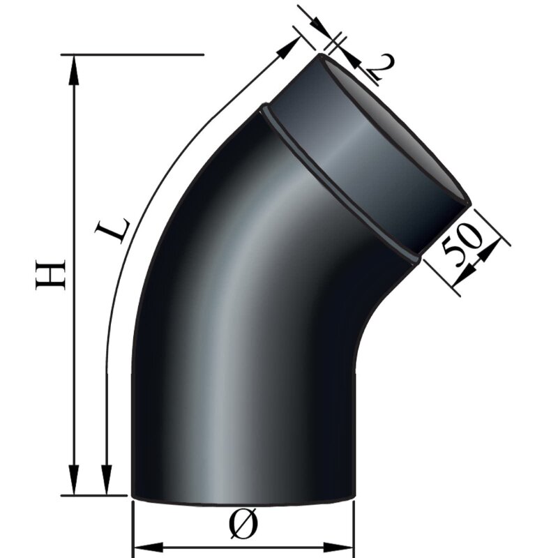 Rauchrohrbogen 45° glatt gezogen Ø130 x 2 mm ohne Reinigungsöffnung, Farbe schwarz