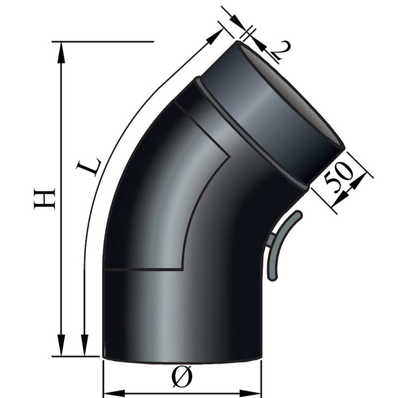 Rauchrohrbogen 45° glatt gezogen Ø150 x 2 mm mit Reinigungsöffnung, Farbe schwarz