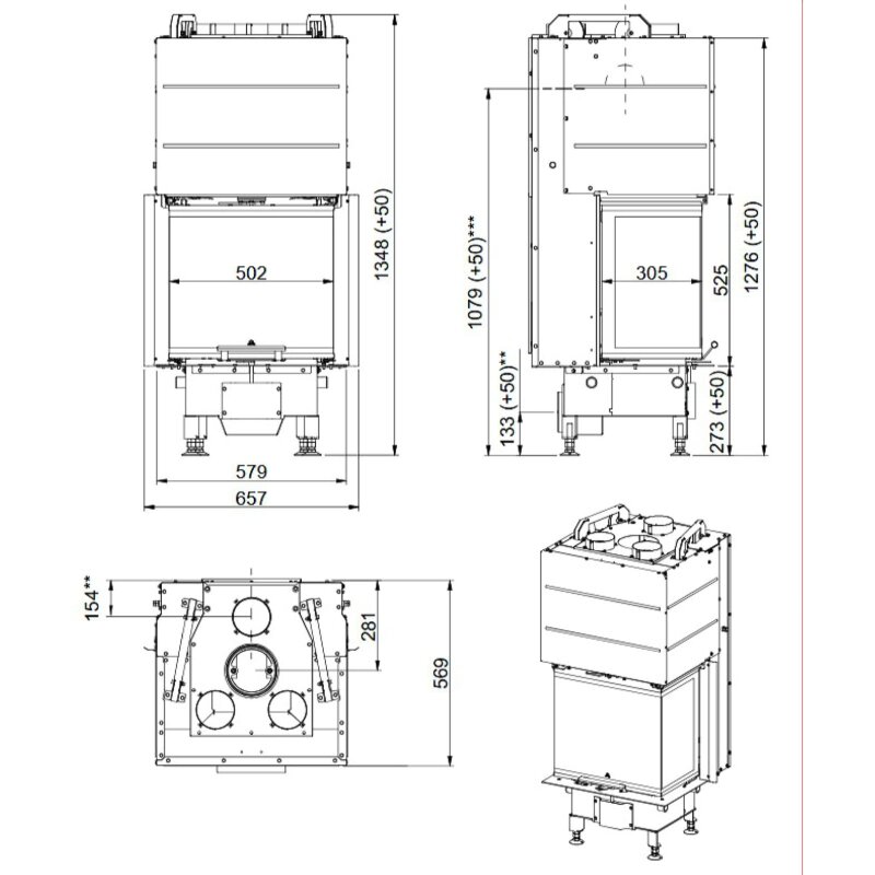 Kamineinsatz Guss Jotul I 320 FRL - 5,7 kW - schwarz lackiert (BP) - Glas vorne, rechts und links