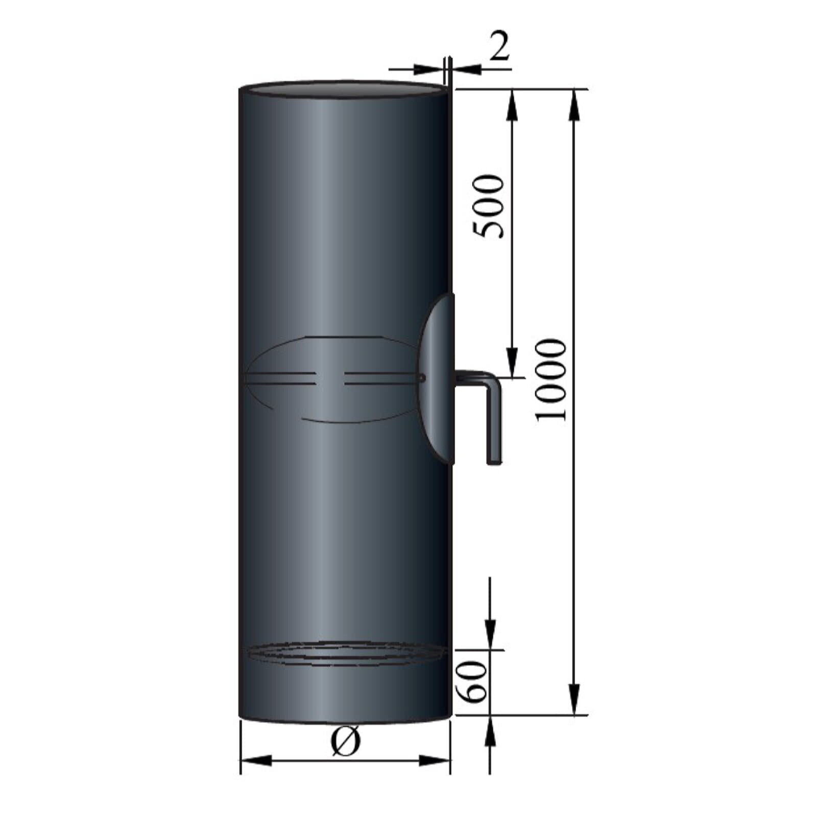 Rauchrohr Ø 150 x 1000 x 2 mm mit Drosselklappe, Reinigungsöffnung und Kondensring, Farbe Schwarz