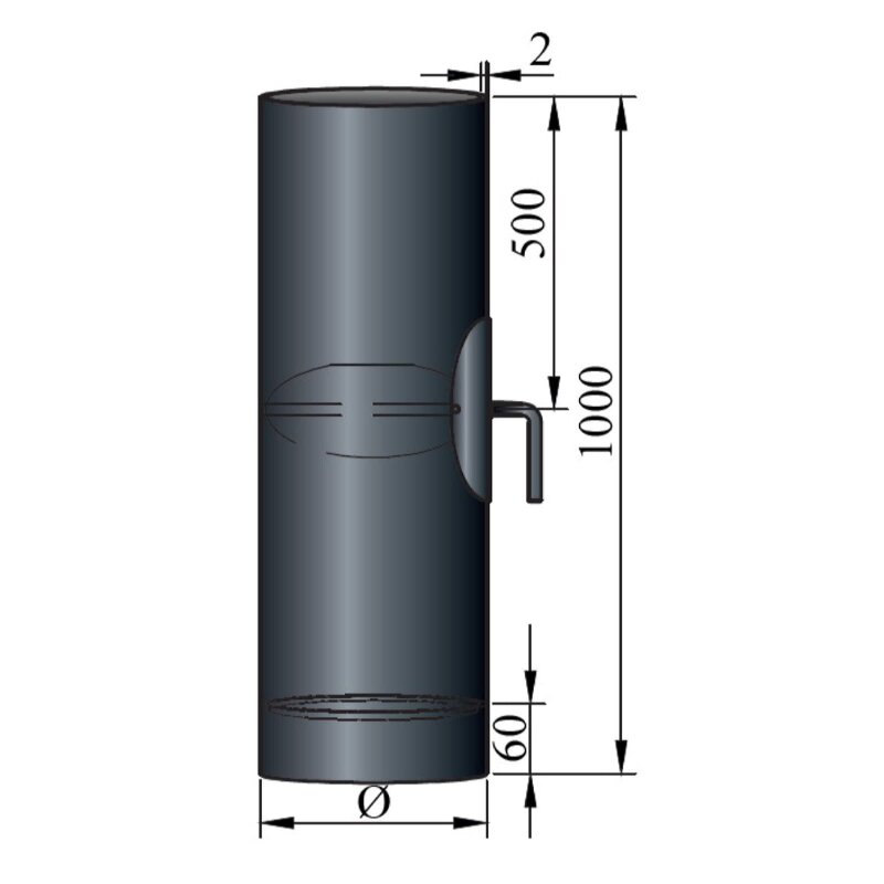 Rauchrohr Ø 130 x 1000 x 2 mm mit Drosselklappe, Reinigungsöffnung und Kondensring, Farbe Schwarz