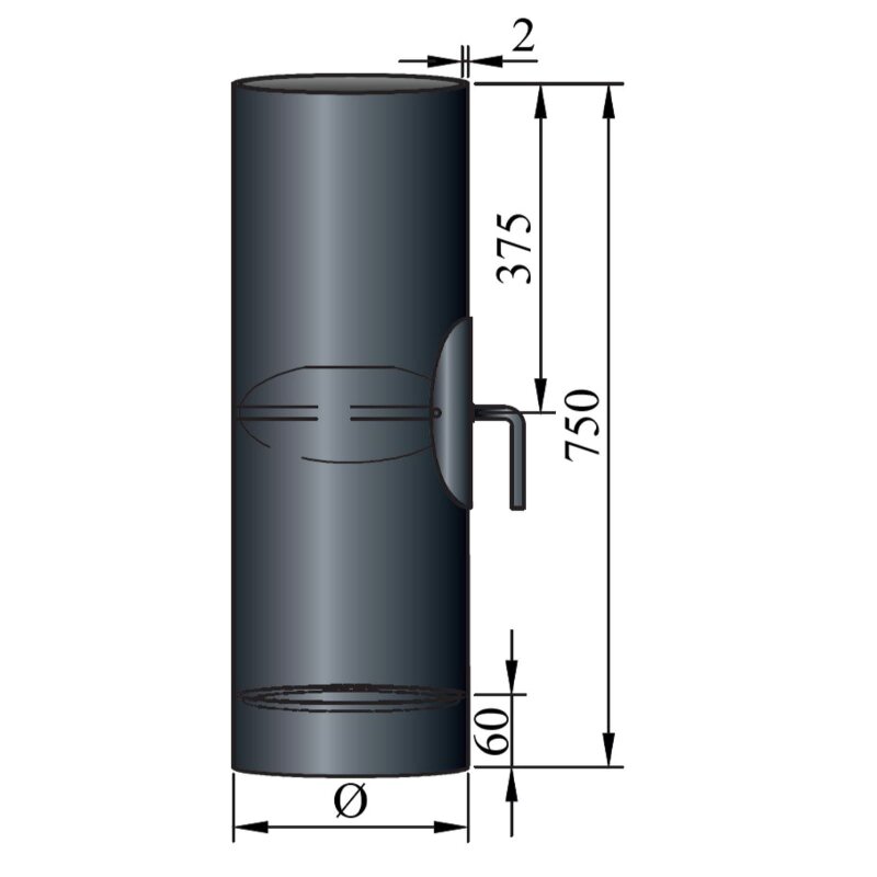 Rauchrohr Ø 130 x 750 x 2 mm mit Drosselklappe, Reinigungsöffnung und Kondensring, Farbe Schwarz
