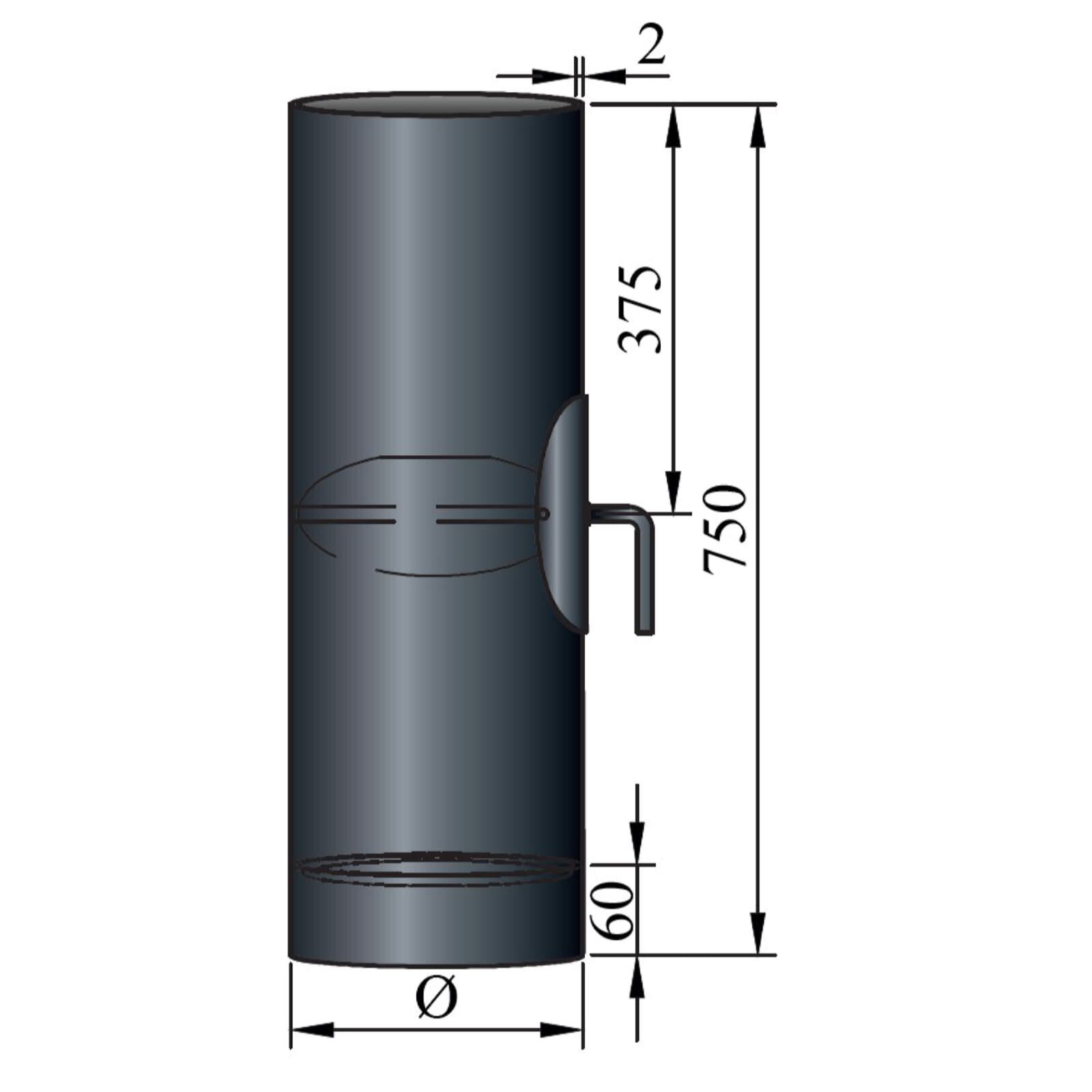 Rauchrohr Ø 150 x 750 x 2 mm mit Drosselklappe, Reinigungsöffnung und Kondensring, Farbe Schwarz