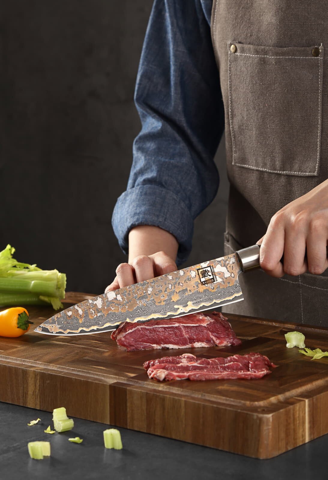 Zayiko MysticMagma - Chefmesser 20cm - Damastmesser mit Bronze- und Kupfereinlage