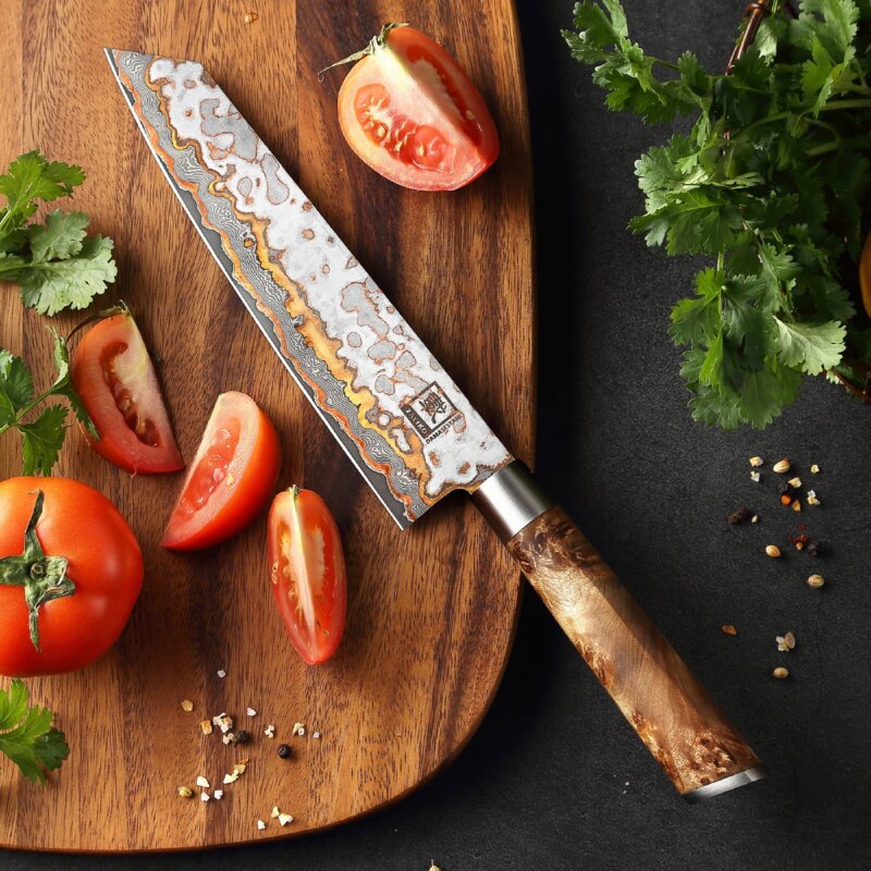 Zayiko MysticMagma - Kiritsuke 20cm - Damastmesser mit Bronze- und Kupfereinlage