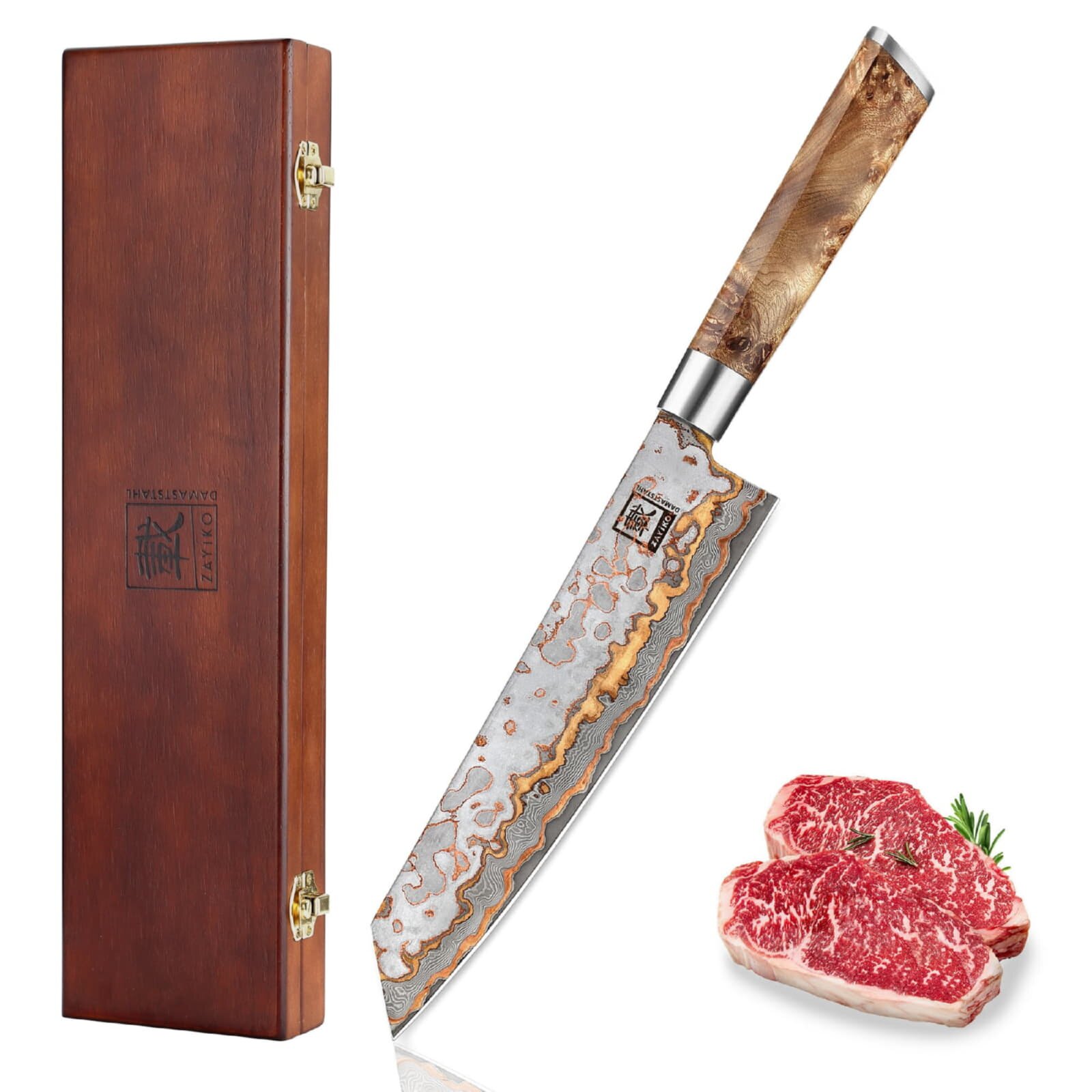 Zayiko MysticMagma - Kiritsuke 20cm - Damastmesser mit Bronze- und Kupfereinlage