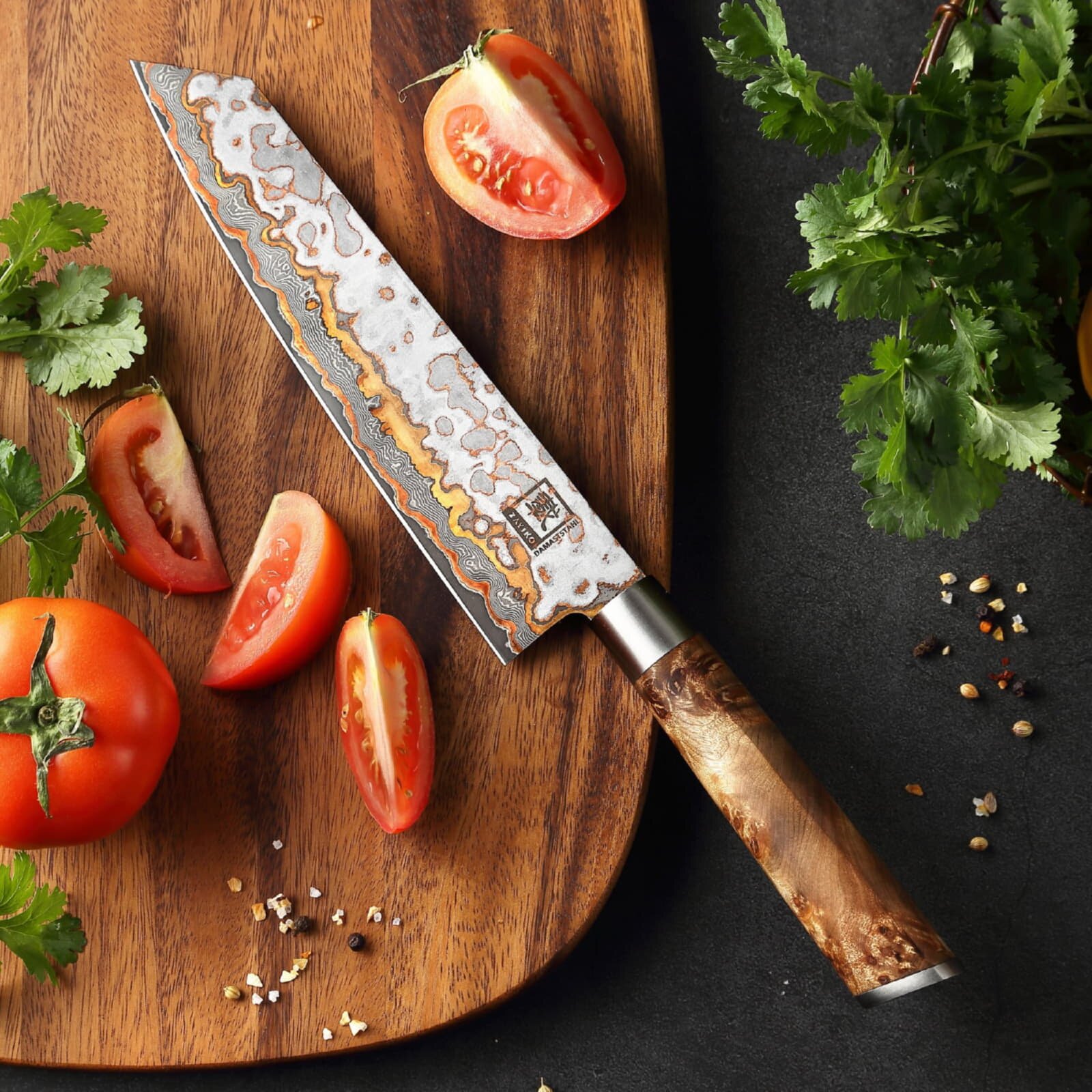 Zayiko MysticMagma - Kiritsuke 20cm - Damastmesser mit Bronze- und Kupfereinlage