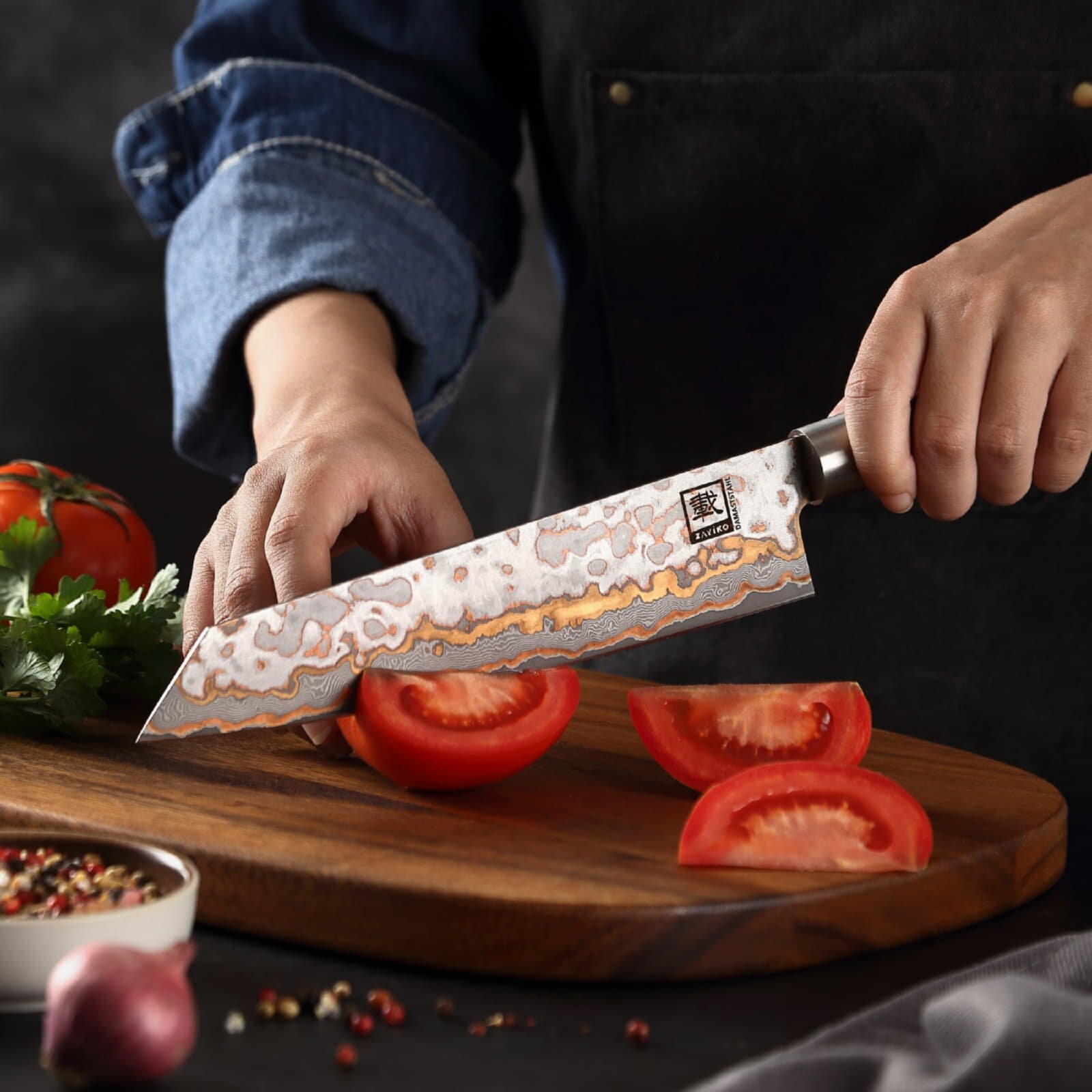 Zayiko MysticMagma - Kiritsuke 20cm - Damastmesser mit Bronze- und Kupfereinlage