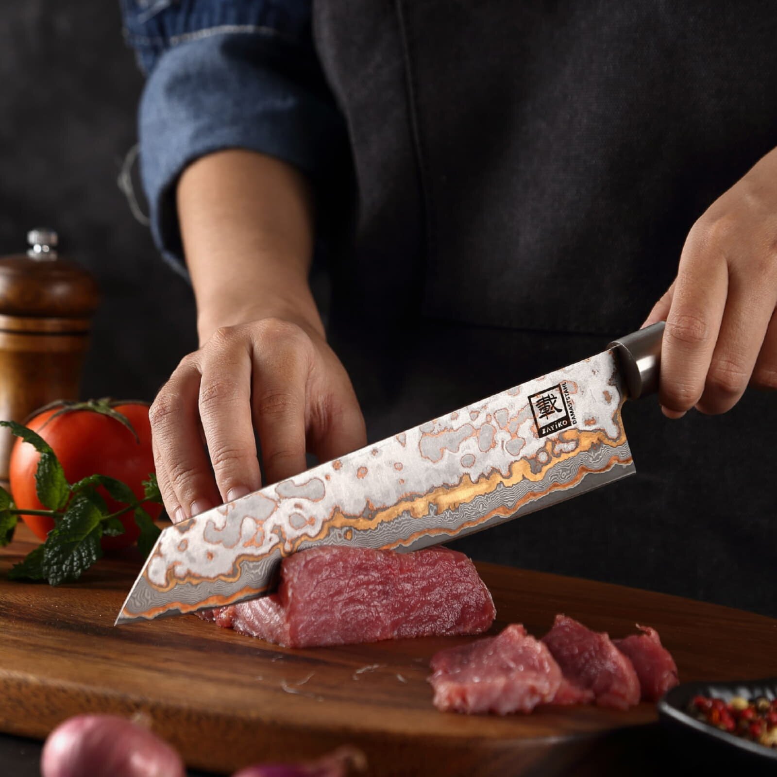 Zayiko MysticMagma - Kiritsuke 20cm - Damastmesser mit Bronze- und Kupfereinlage