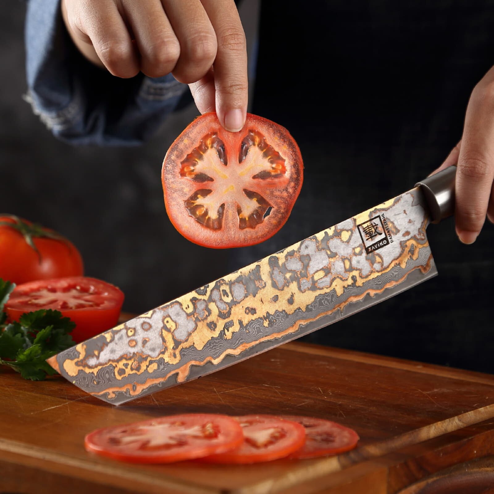 Zayiko MysticMagma - Tanto 20cm - Damastmesser mit Bronze- und Kupfereinlage