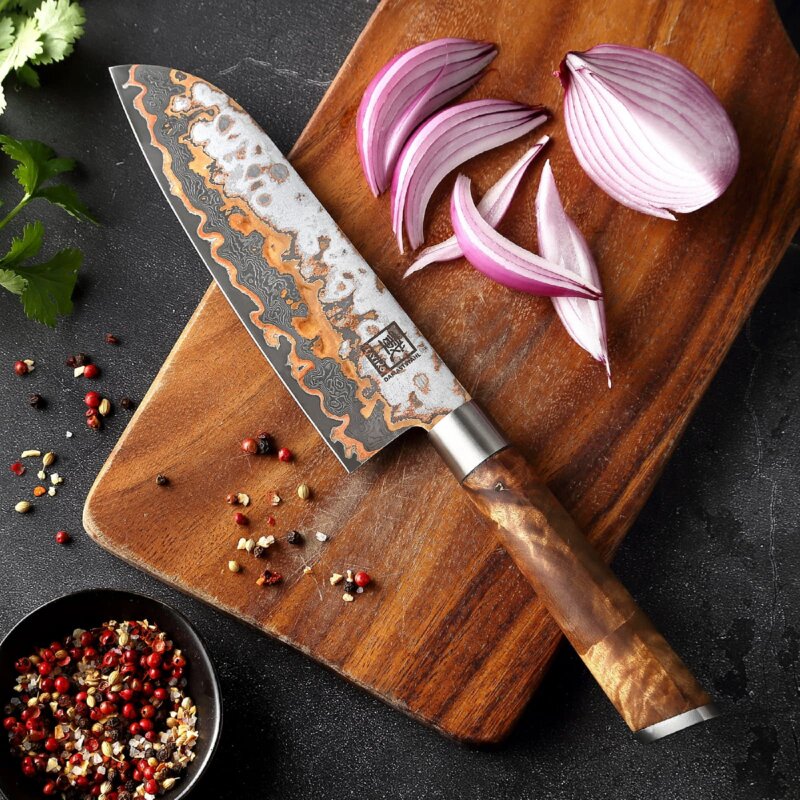 Zayiko MystikMagma - Santoku 17,5cm - Damastmesser mit Bronze- und Kupfereinlage