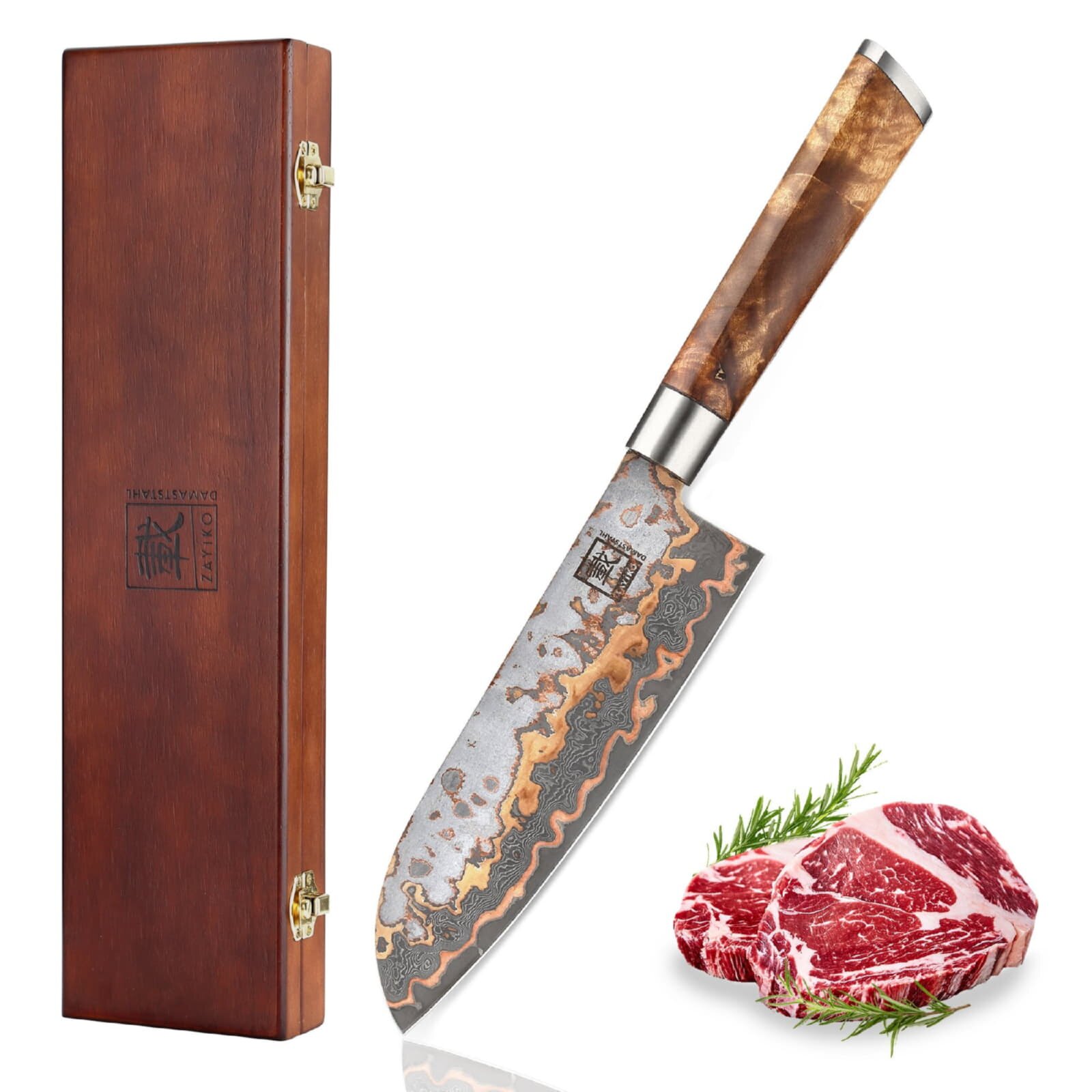 Zayiko MystikMagma - Santoku 17,5cm - Damastmesser mit Bronze- und Kupfereinlage