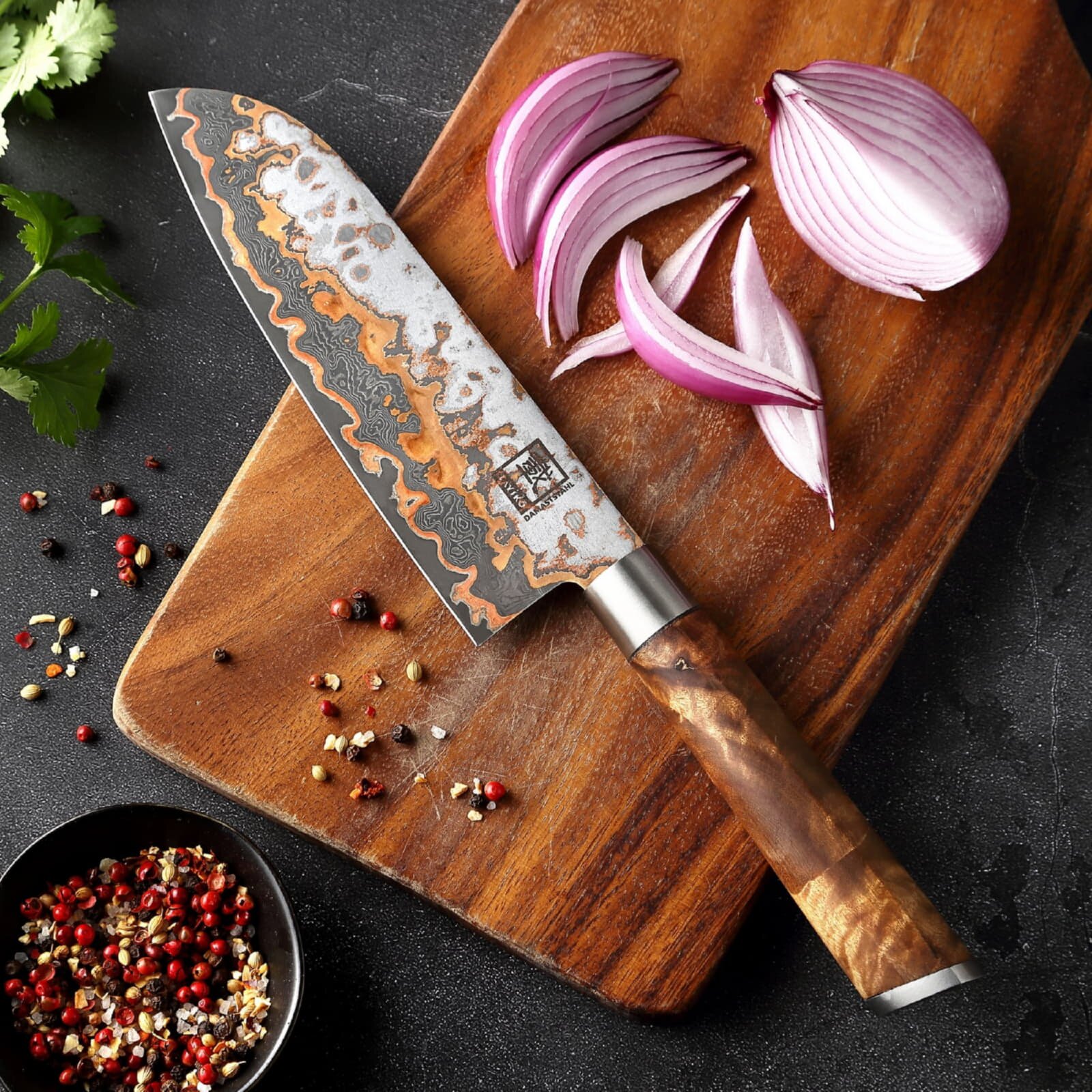 Zayiko MystikMagma - Santoku 17,5cm - Damastmesser mit Bronze- und Kupfereinlage