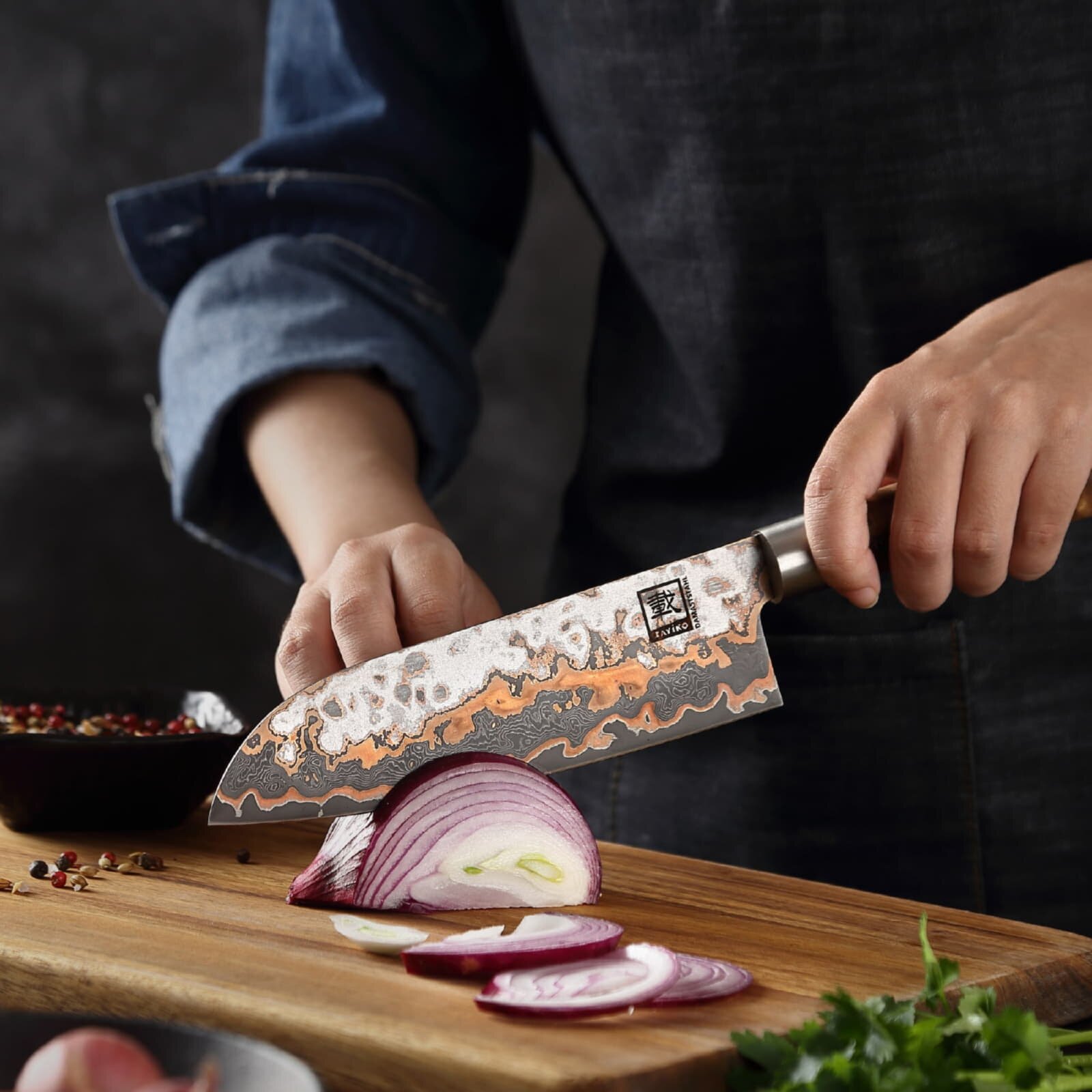 Zayiko MystikMagma - Santoku 17,5cm - Damastmesser mit Bronze- und Kupfereinlage