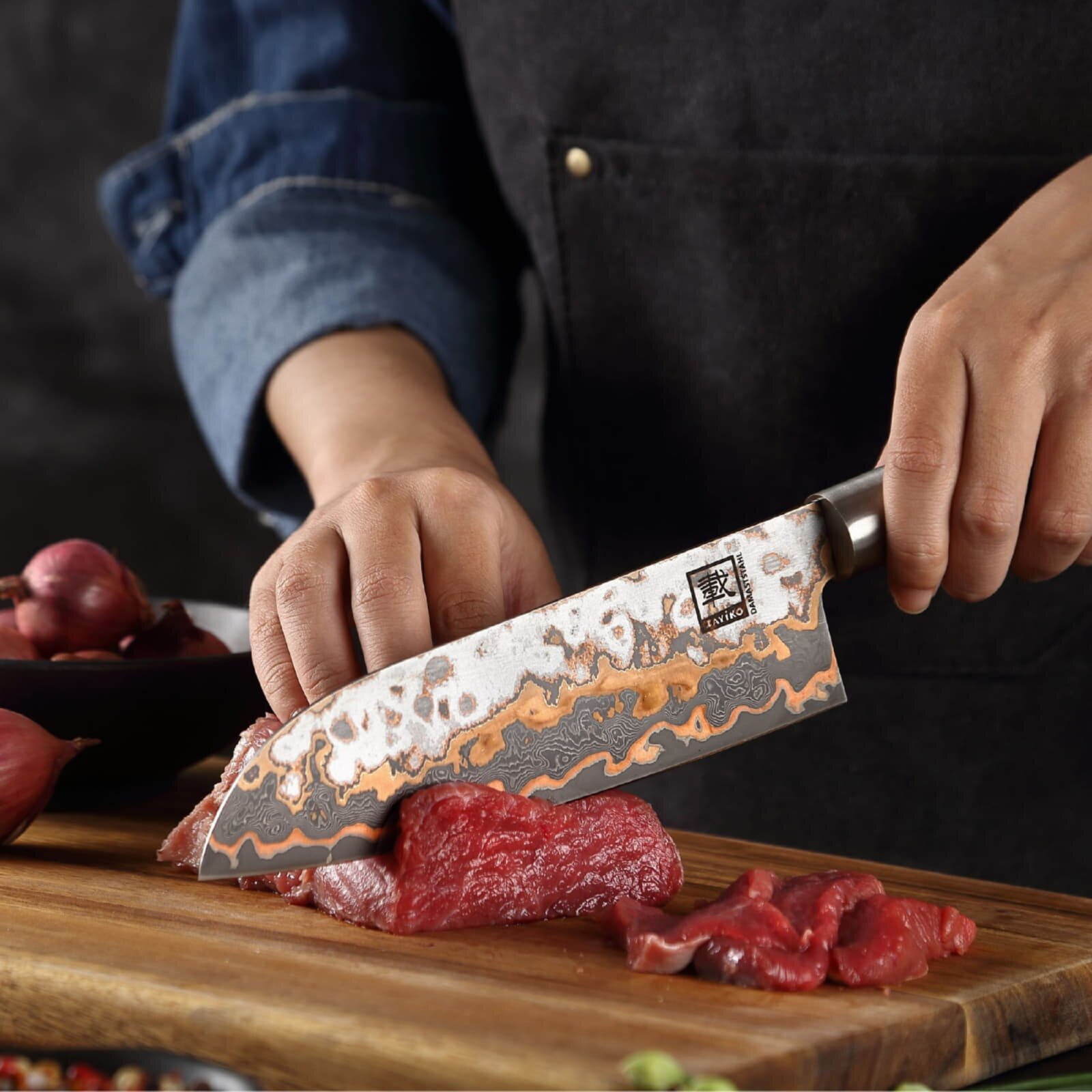 Zayiko MystikMagma - Santoku 17,5cm - Damastmesser mit Bronze- und Kupfereinlage