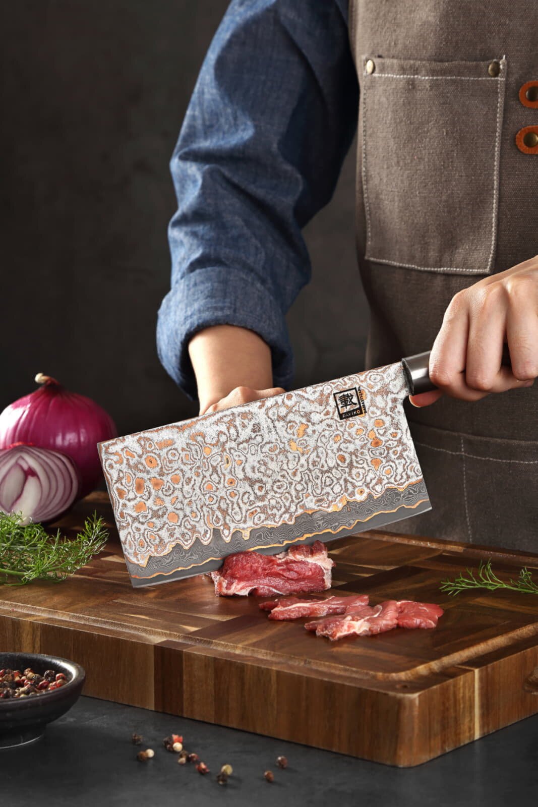 Zayiko MysticMagma - Chai Dao - Damastmesser mit Bronze- und Kupfereinlage