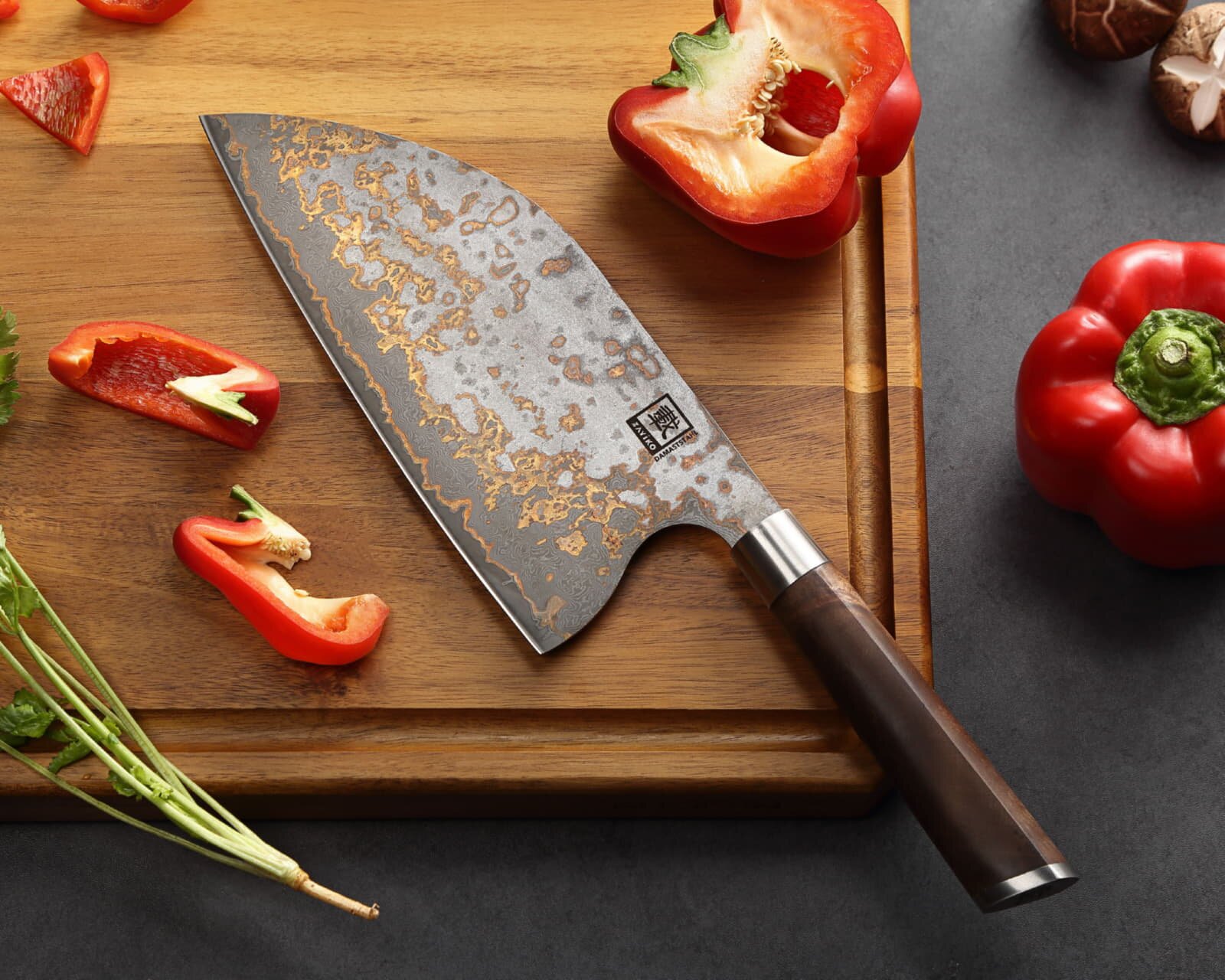 Zayiko MysticMagma - Kochmesser Chai Dao - Damastmesser mit Bronze- und Kupfereinlage