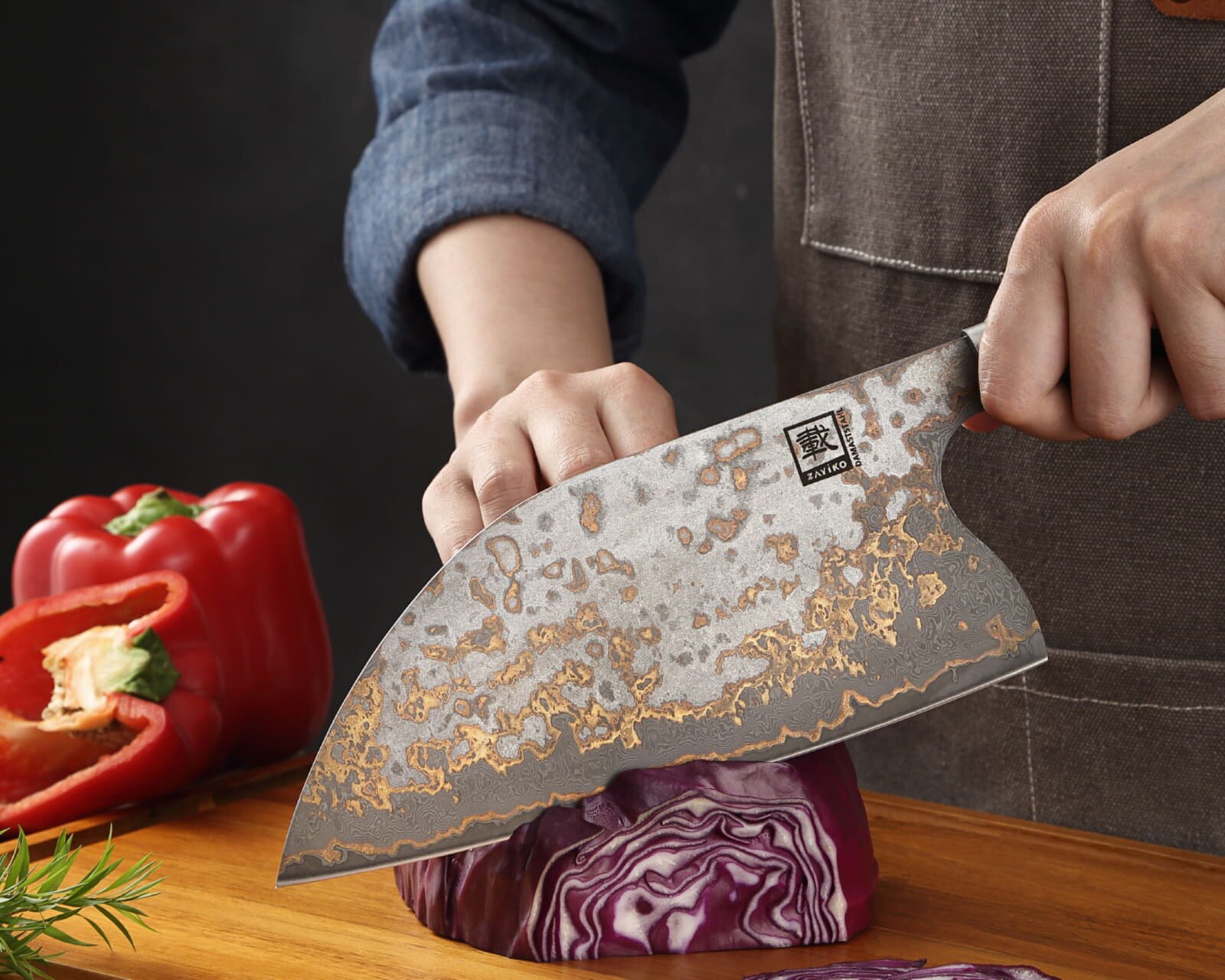 Zayiko MysticMagma - Kochmesser Chai Dao - Damastmesser mit Bronze- und Kupfereinlage