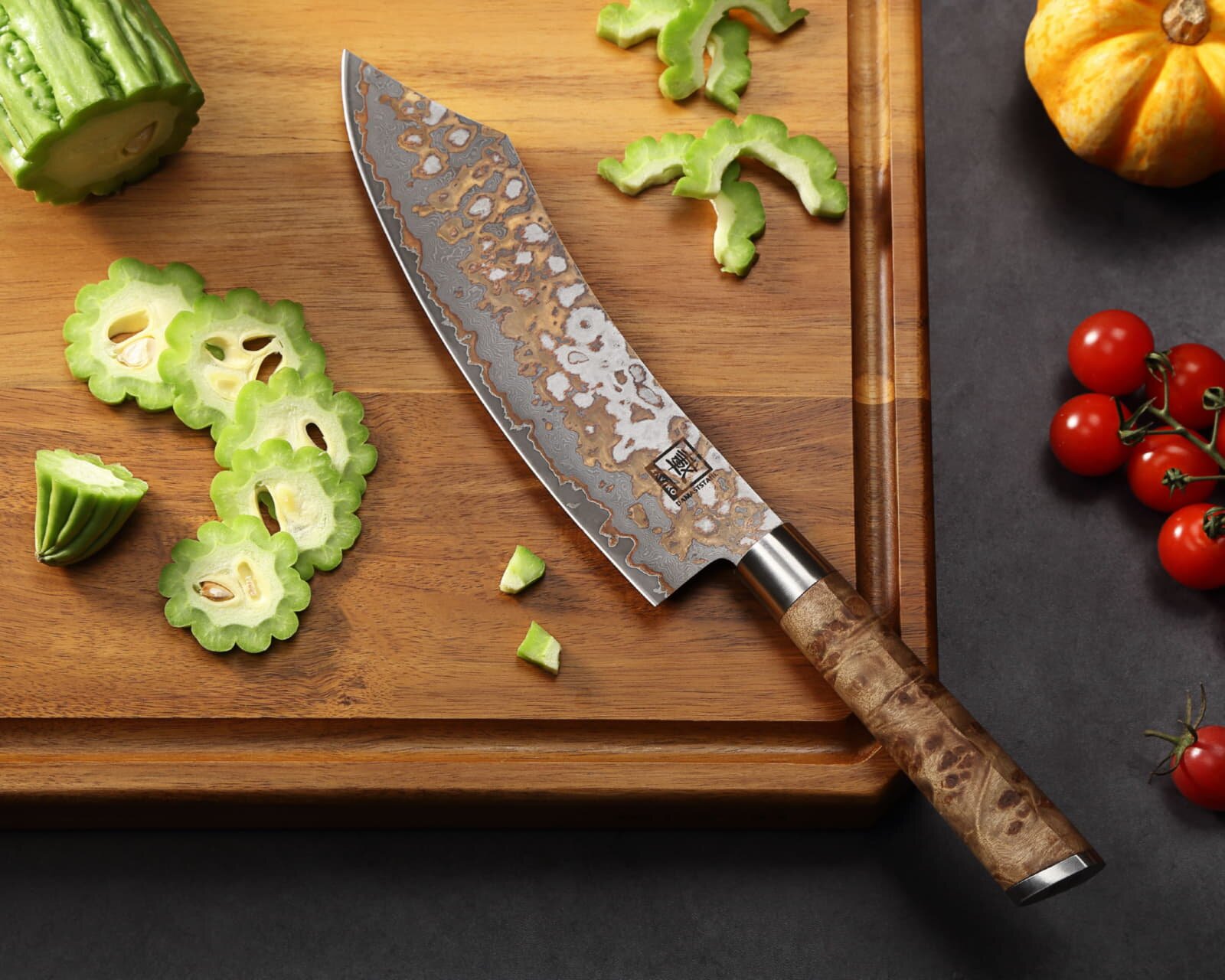 Zayiko MysticMagma - BBQ- und Blockmesser - Damastmesser mit Bronze- und Kupfereinlage