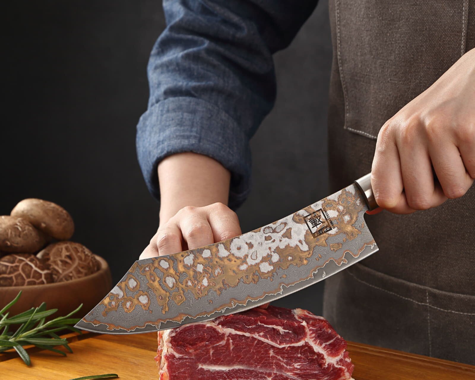 Zayiko MysticMagma - BBQ- und Blockmesser - Damastmesser mit Bronze- und Kupfereinlage