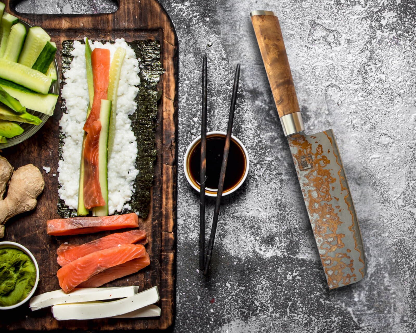Zayiko MysticMagma - Nakiri 17cm - Damastmesser mit Bronze- und Kupfereinlage