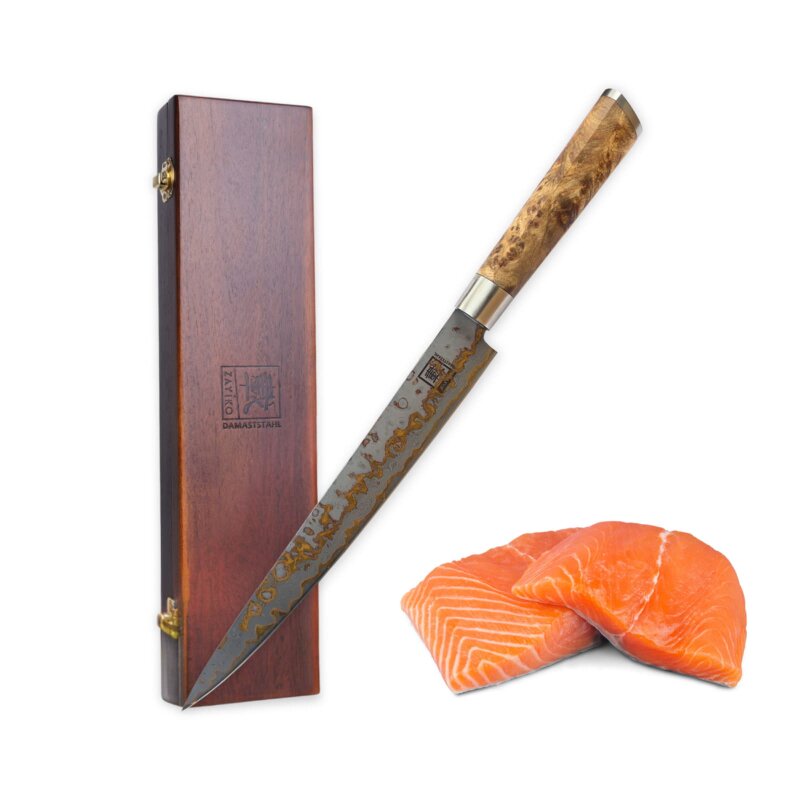 Zayiko MysticMagma - Sashimi 25cm - Damastmesser mit Bronze- und Kupfereinlage