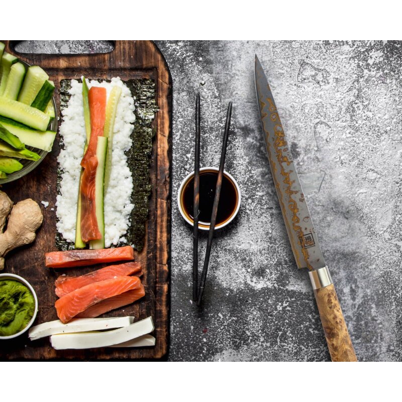 Zayiko MysticMagma - Sashimi 25cm - Damastmesser mit Bronze- und Kupfereinlage