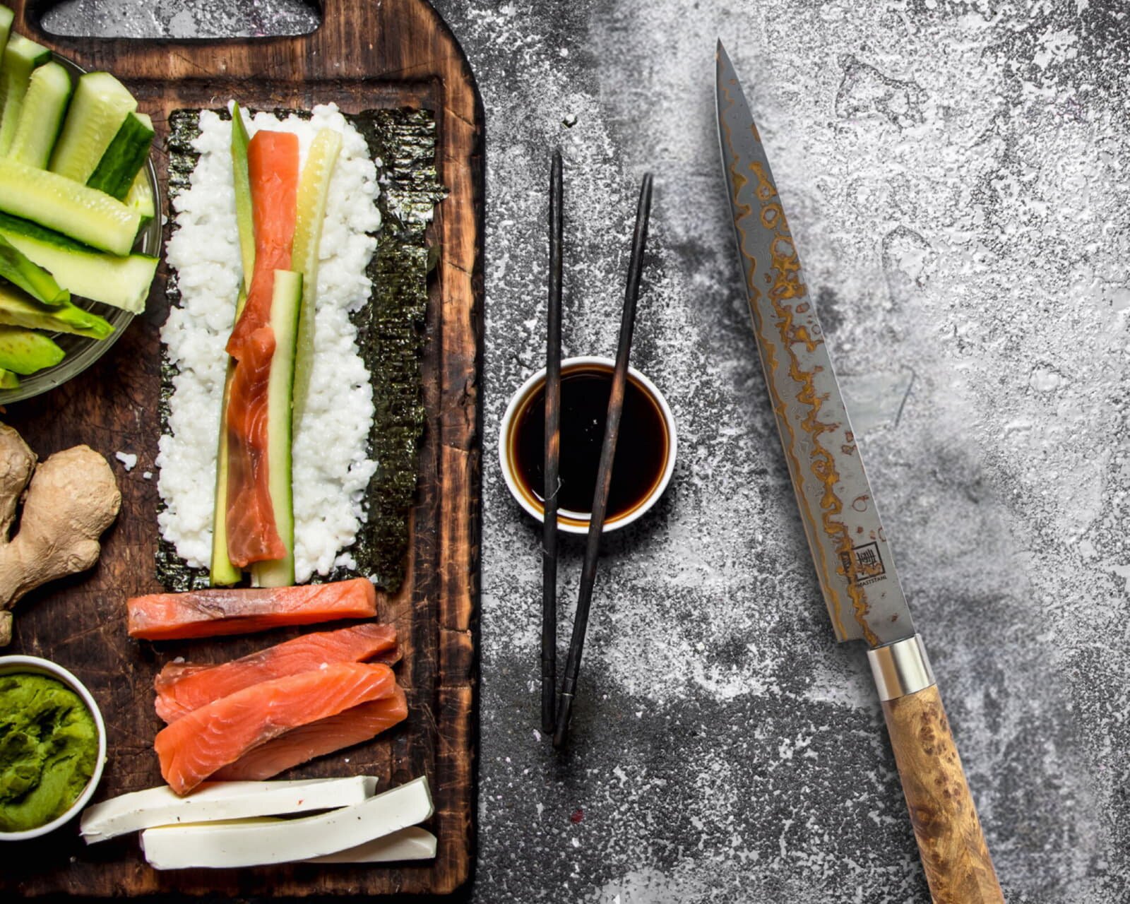 Zayiko MysticMagma - Sashimi 25cm - Damastmesser mit Bronze- und Kupfereinlage