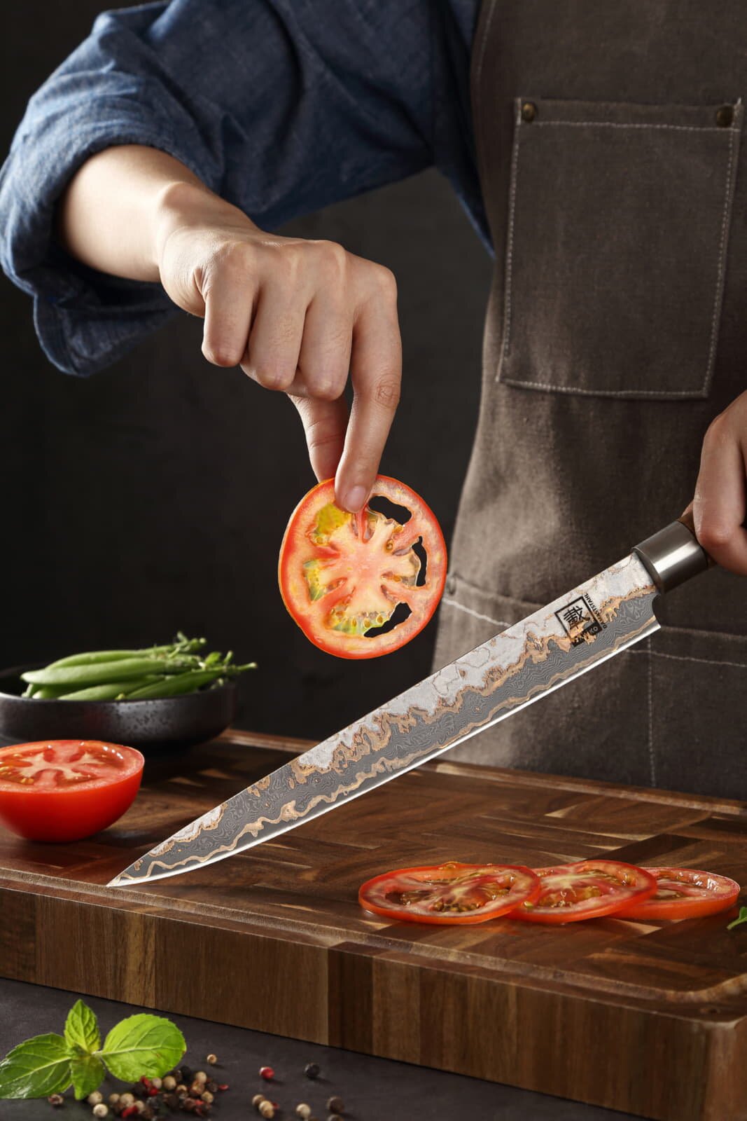 Zayiko MysticMagma - Sashimi 25cm - Damastmesser mit Bronze- und Kupfereinlage