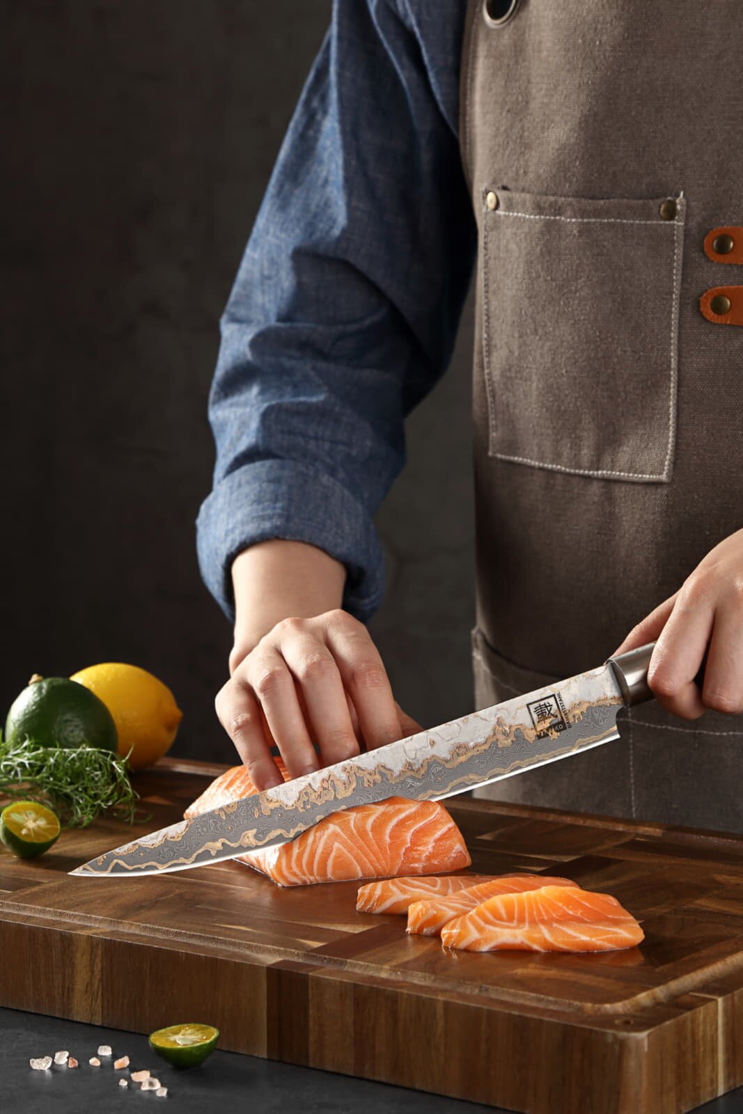 Zayiko MysticMagma - Sashimi 25cm - Damastmesser mit Bronze- und Kupfereinlage