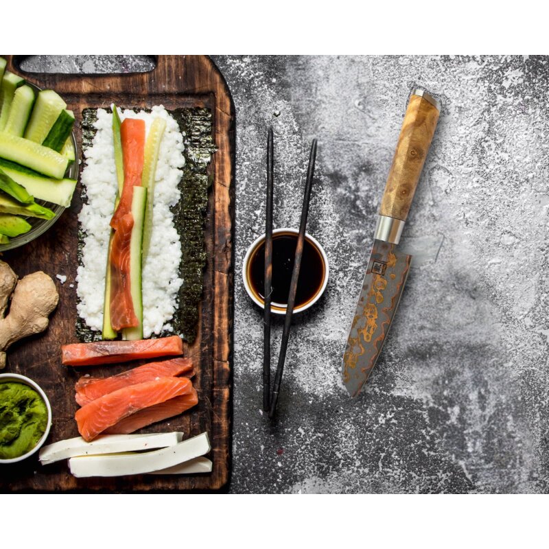 Zayiko MysticMagma - Santuko klein 12,5cm - Damastmesser mit Bronze- und Kupfereinlage