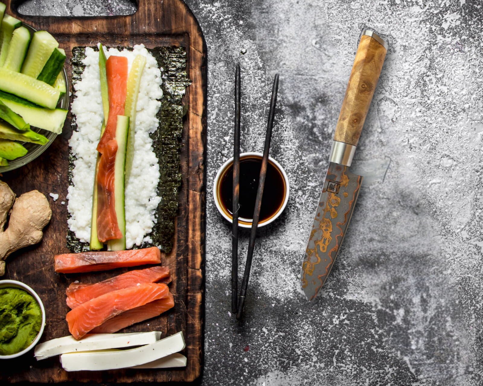 Zayiko MysticMagma - Santuko klein 12,5cm - Damastmesser mit Bronze- und Kupfereinlage