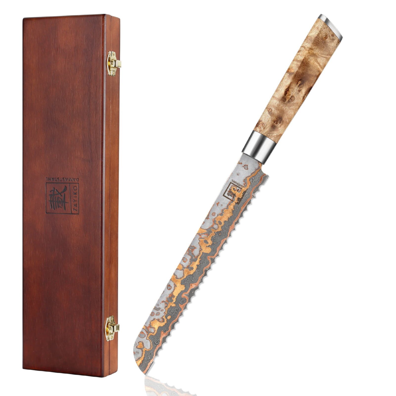 Zayiko MysticMagma - Brotmesser - Damastmesser mit Bronze- und Kupfereinlage