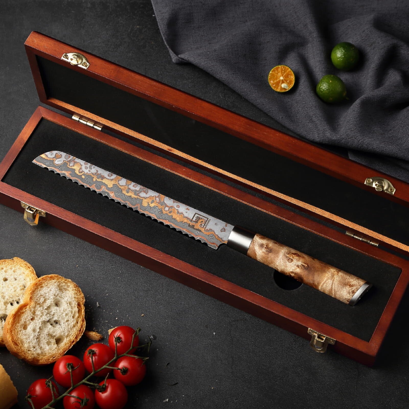 Zayiko MysticMagma - Brotmesser - Damastmesser mit Bronze- und Kupfereinlage