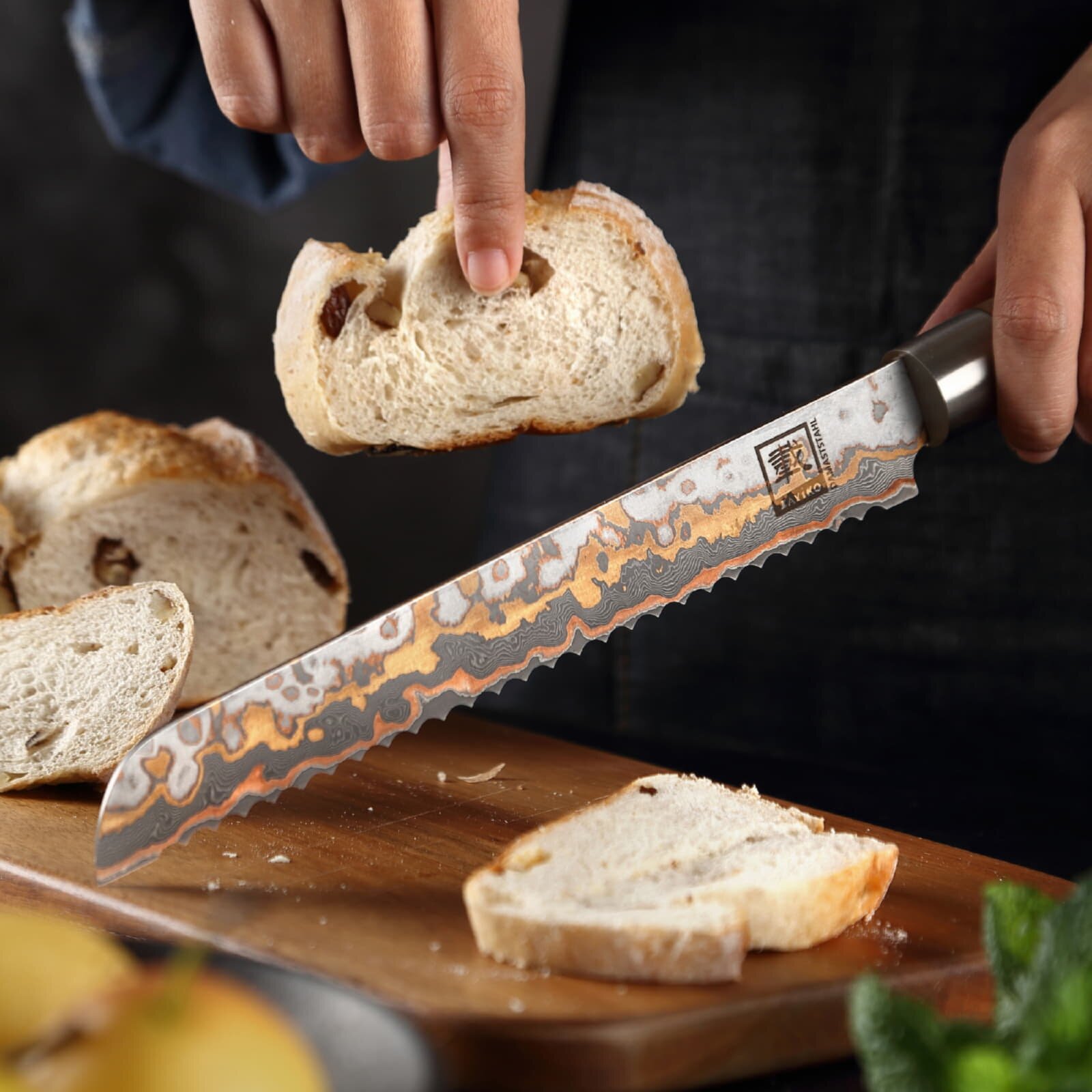 Zayiko MysticMagma - Brotmesser - Damastmesser mit Bronze- und Kupfereinlage