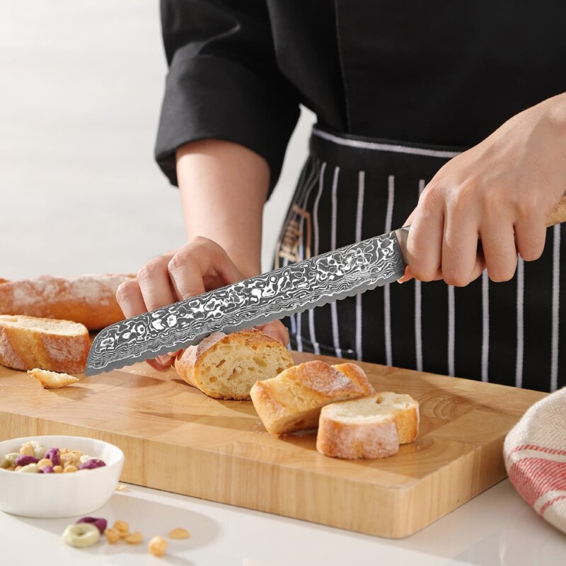 Zayiko Kinone - Brotmesser mit Wellenschliff - Damastmesser aus schwarzem Stahl